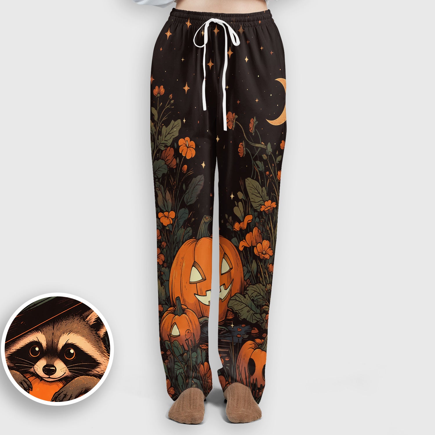 Spooky Halloween Raccoon Print Scrub Set, Scrub Pants and V Neck Top