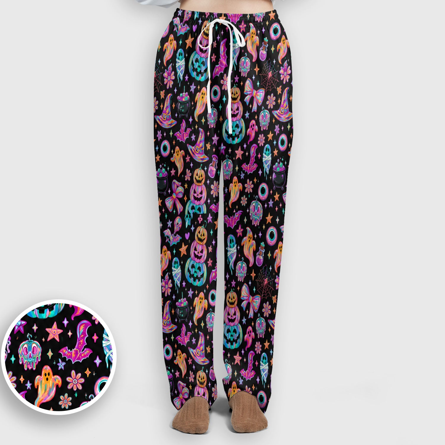 Halloween Ghost with Pumpkin Bat Print Scrub Set, Scrub Pants and V Neck Top