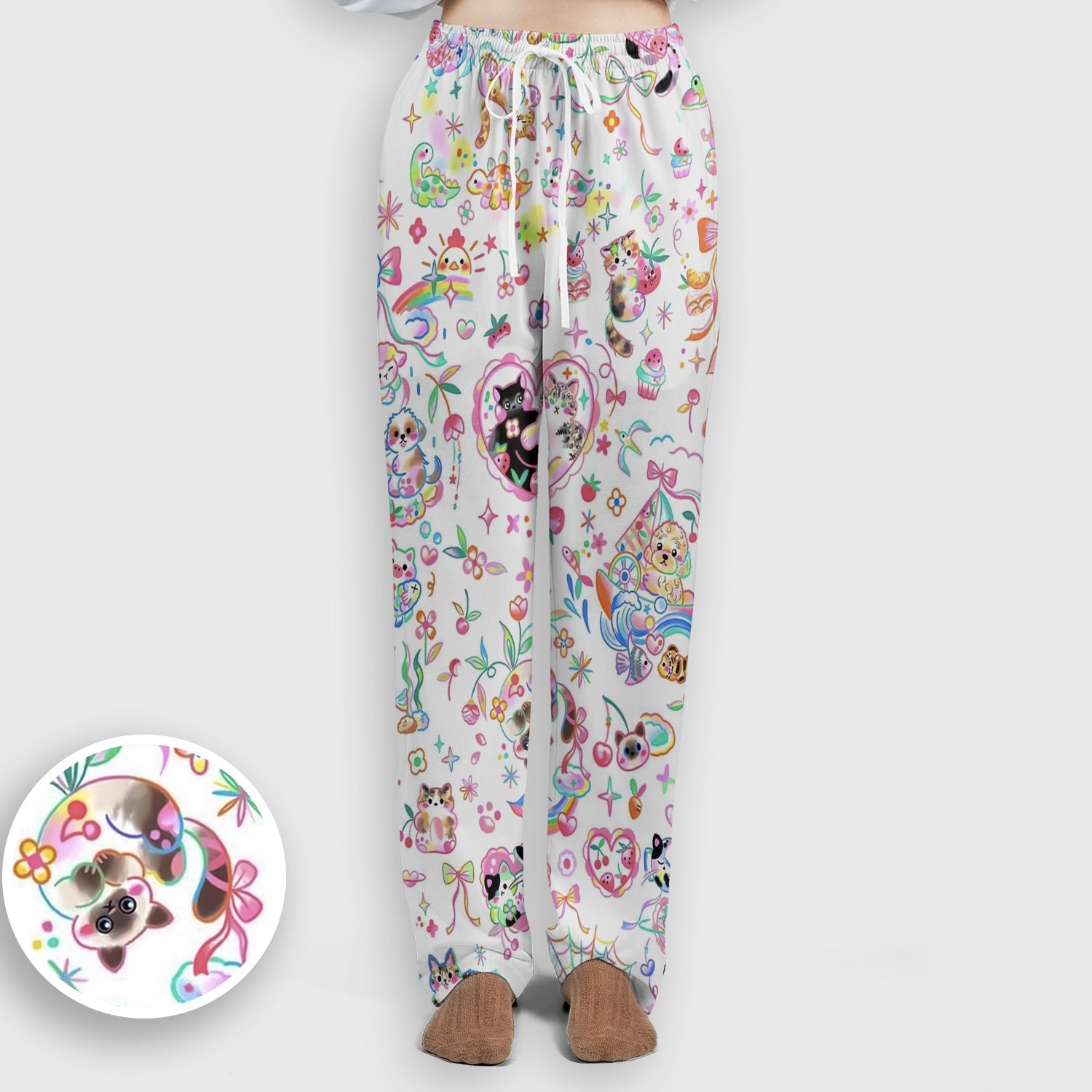 Cute Kawaii Animal Rainbow Heart Pattern Scrub Set, Scrub Pants and V Neck Top
