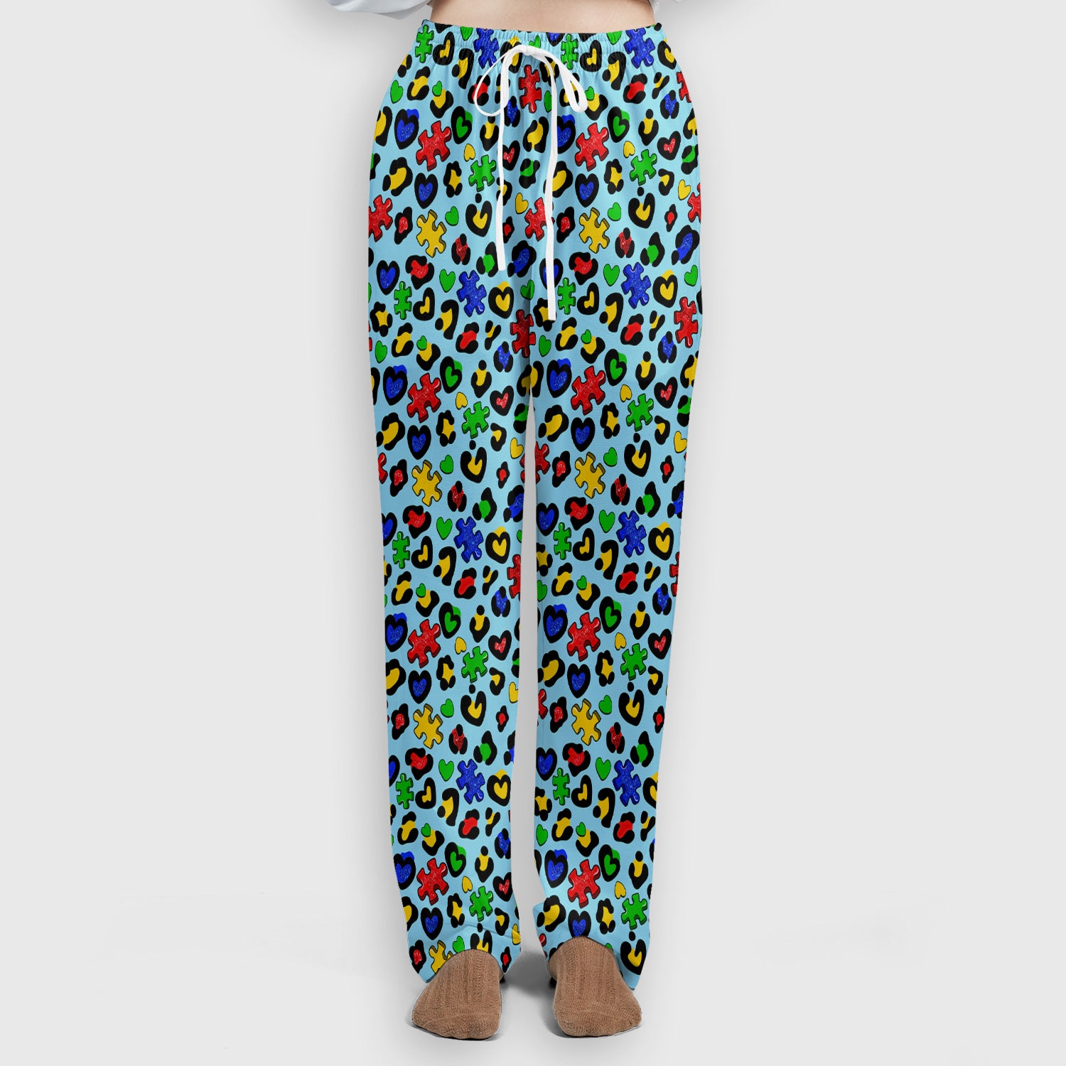 Puzzle Piece Heart Pattern Scrub Set, V Neck Top with Matching Scrub Pants