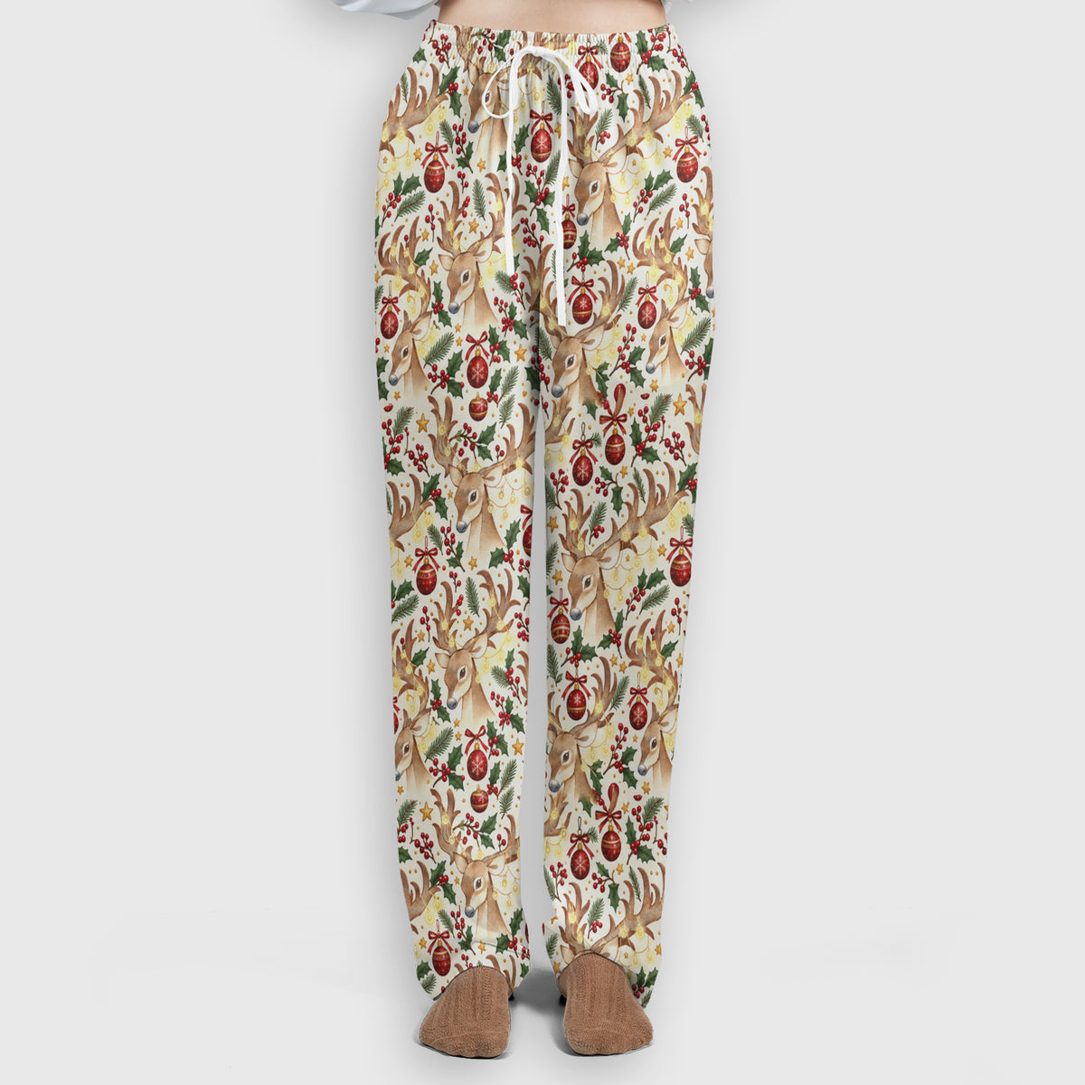 Christmas Reindeer And Holly Scrub Set, Scrub Pants and V Neck Top