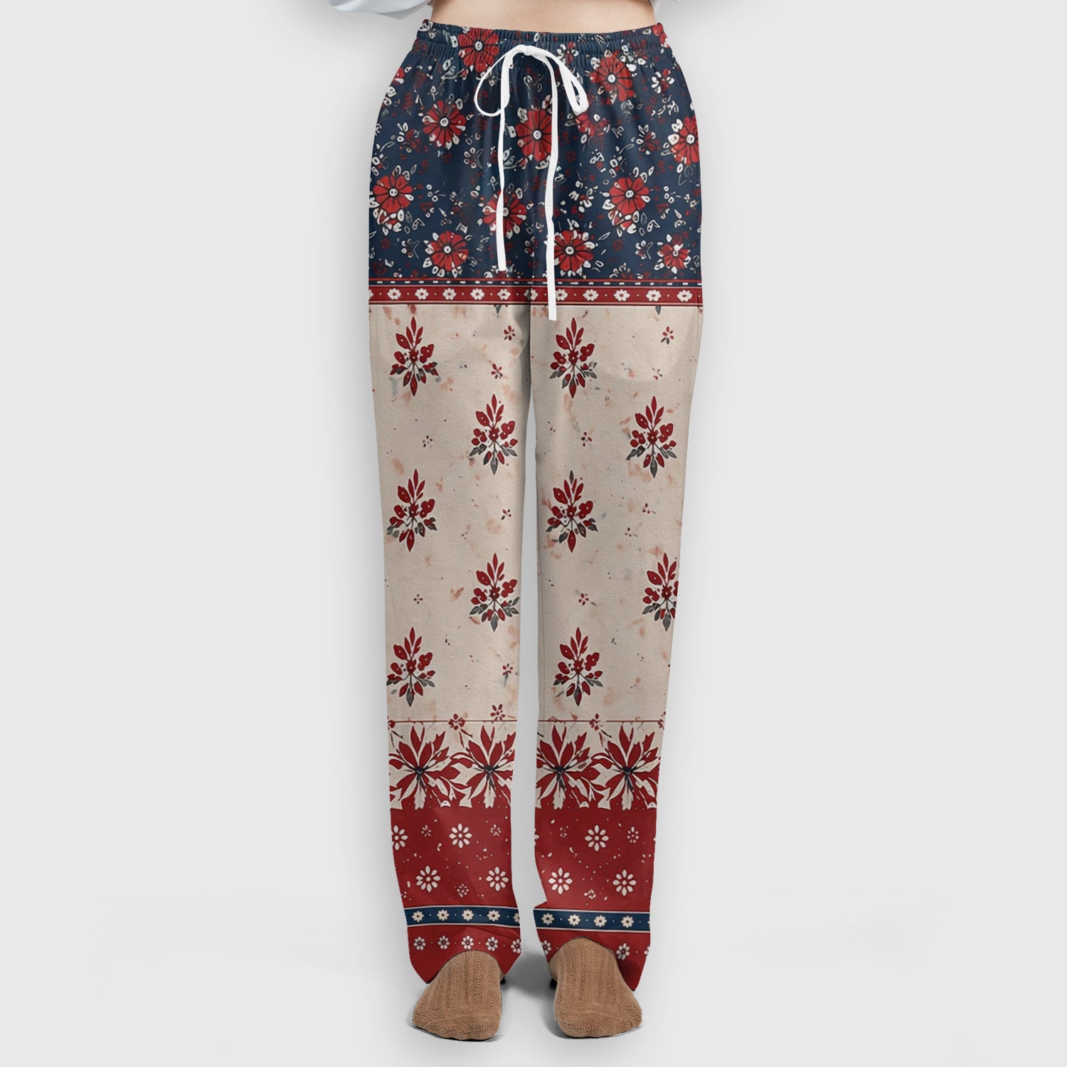 Vintage Floral Border Red Blue Pattern Scrub Set, Scrub Pants and V Neck Top