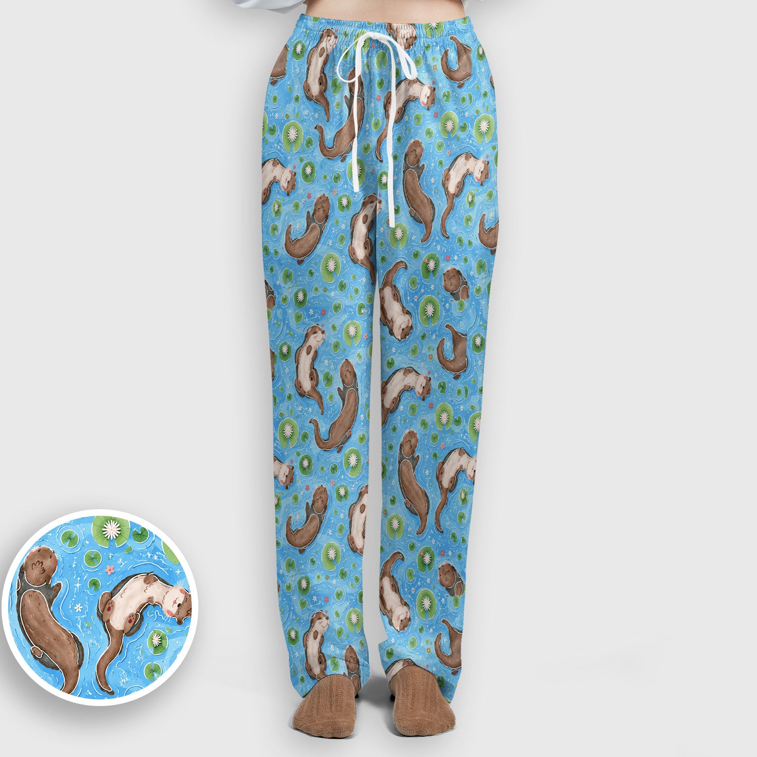 Cute Otter Lily Pond Nurse Print Scrub Set, Scrub Pants and V Neck Top