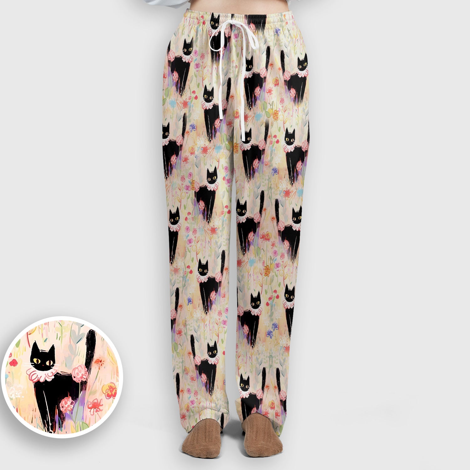 Black Cat Floral Garden Nurse Pattern Scrub Set, Scrub Pants and V Neck Top
