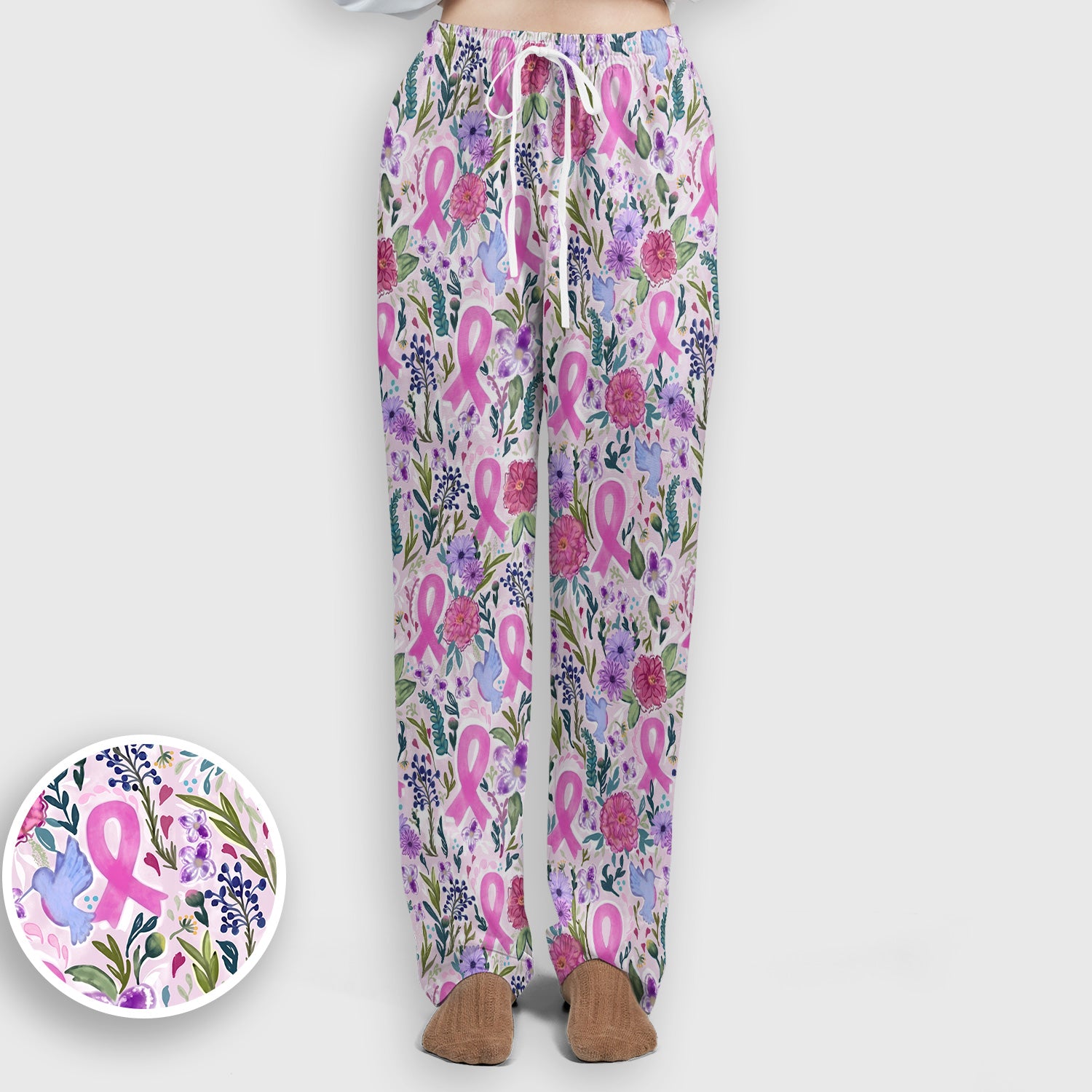 Floral Pink Ribbon Print Scrub Set, Scrub Pants and V Neck Top