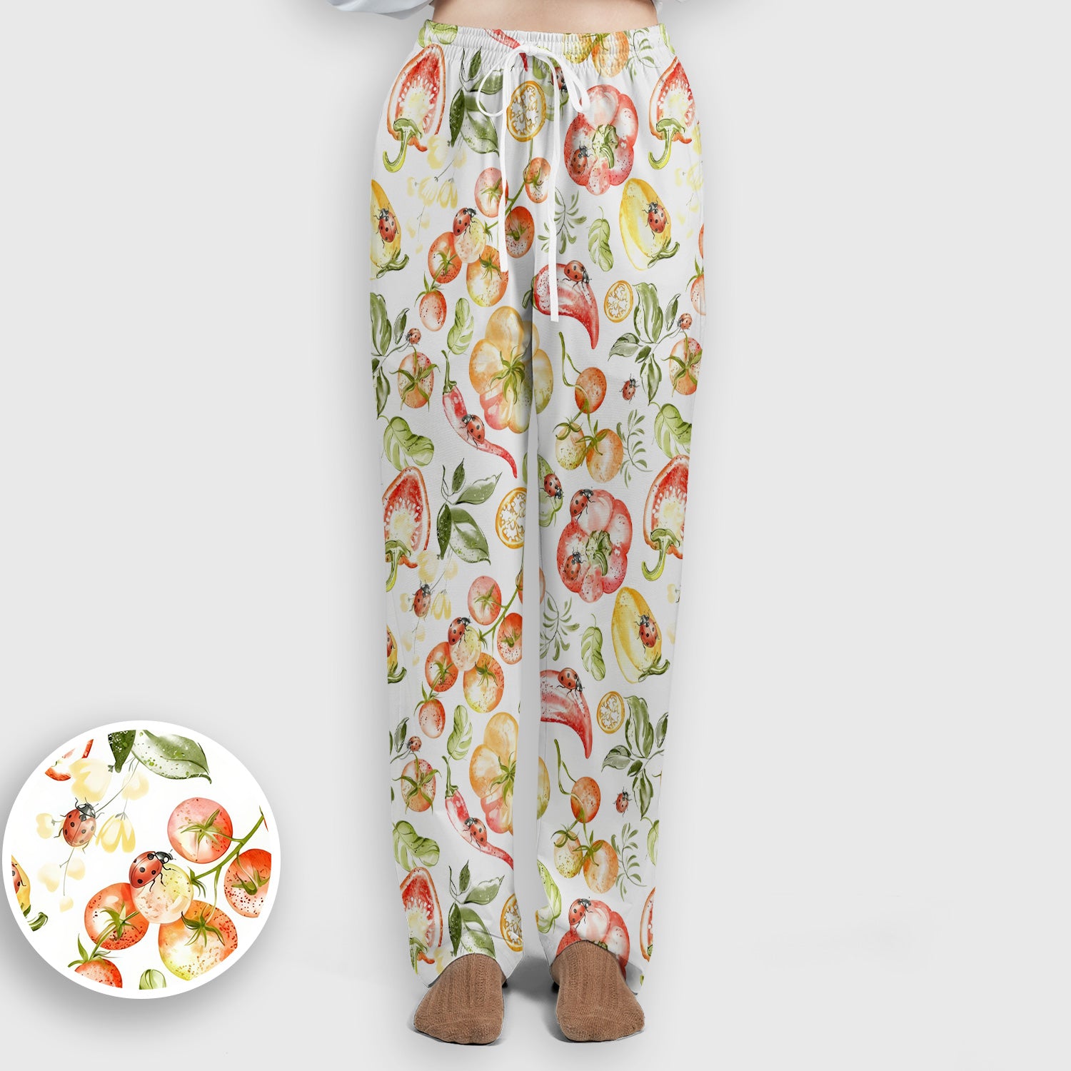 Cute Watercolor Veggie Ladybug Pattern Scrub Set, Scrub Pants and V Neck Top