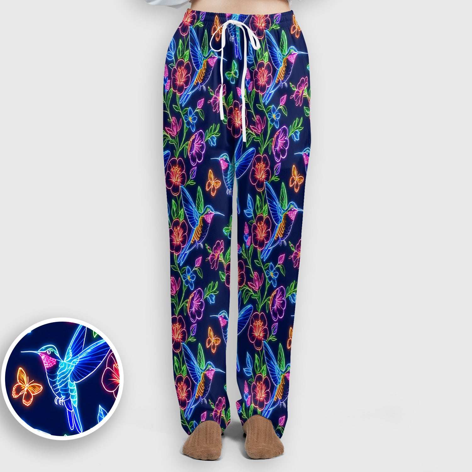 Neon Hummingbird Floral Garden Pattern Scrub Set, Scrub Pants and V Neck Top