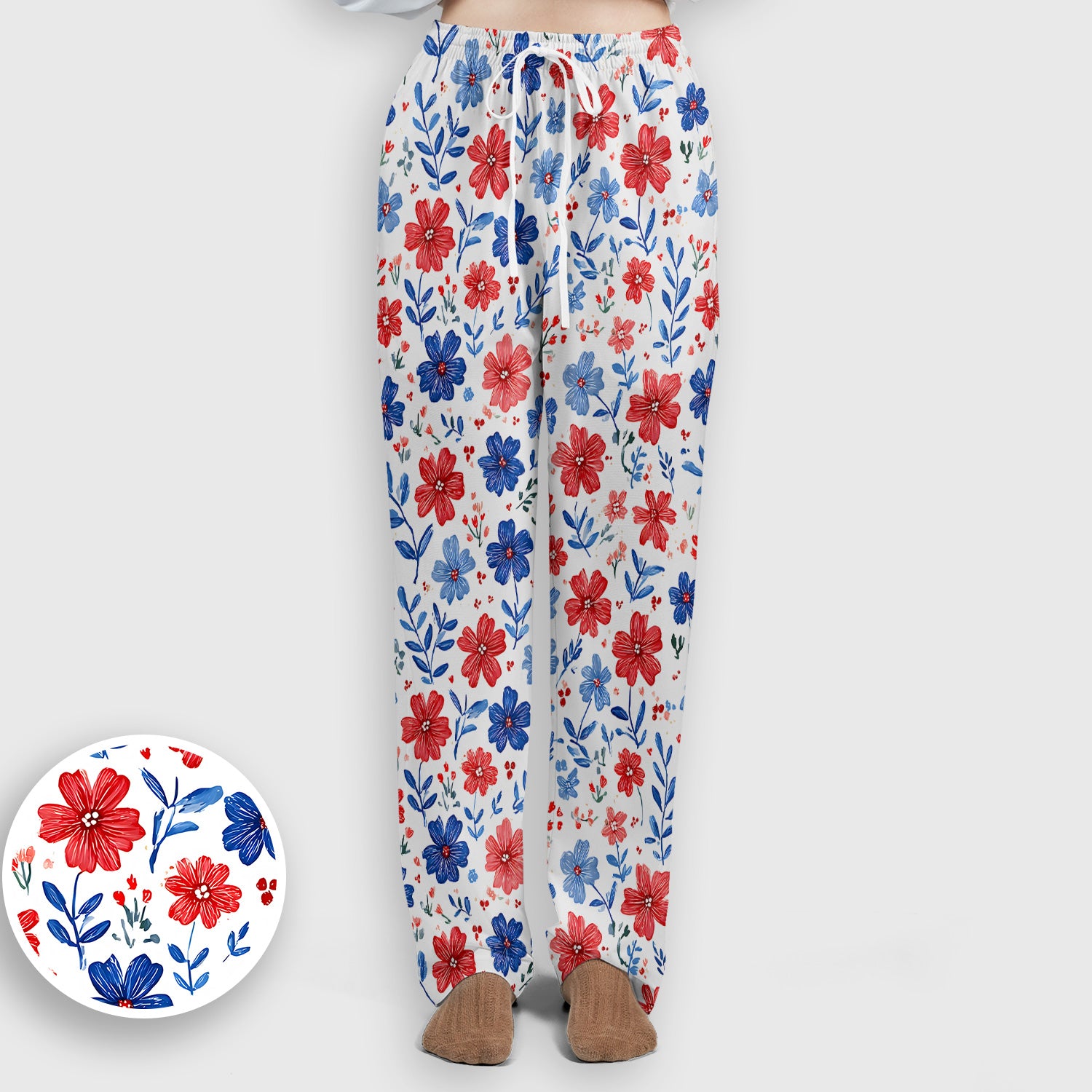 Patriotic Red White Blue Floral Print Scrub Set, Scrub Pants and V Neck Top