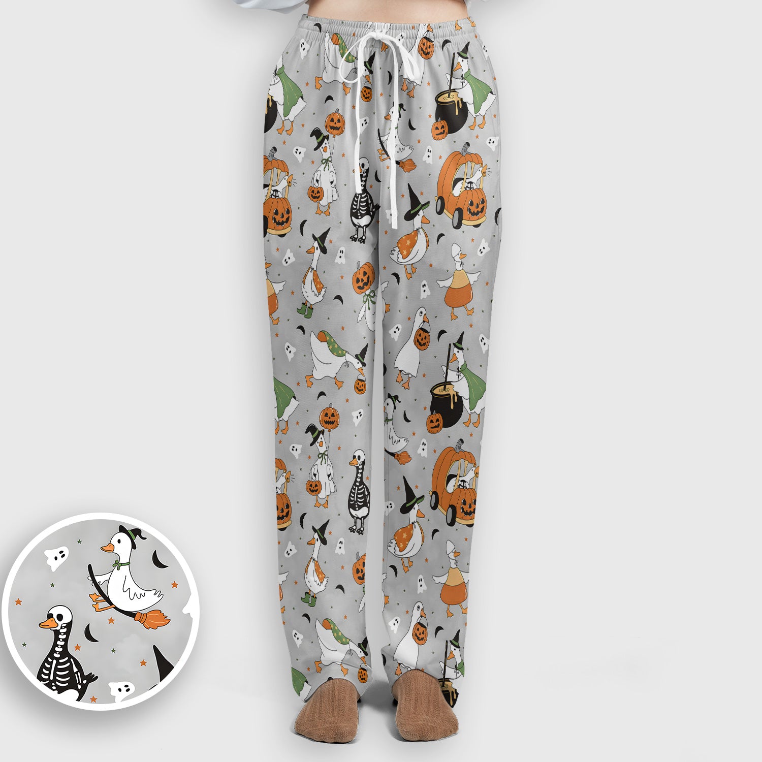 Goose with Pumpkin Checkered Print Scrub Set, Scrub Pants and V Neck Top