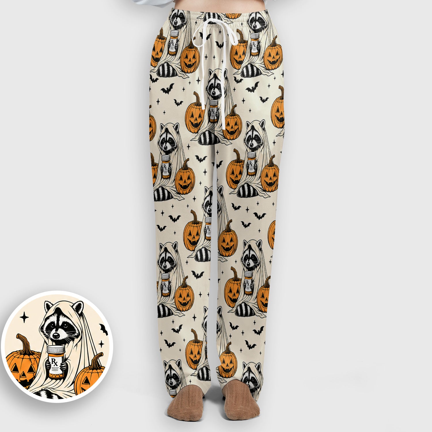 Halloween Raccoon with Pumpkin Bat Print Scrub Set, Scrub Pants and V Neck Top