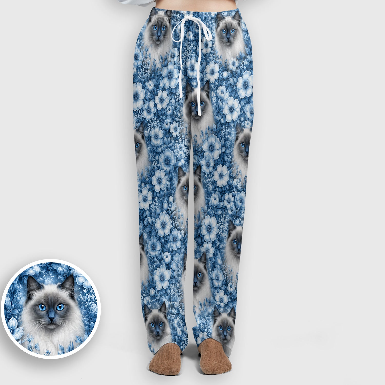 Blue Floral Ragdoll Cat Pattern Scrub Set, Scrub Pants and V Neck Top