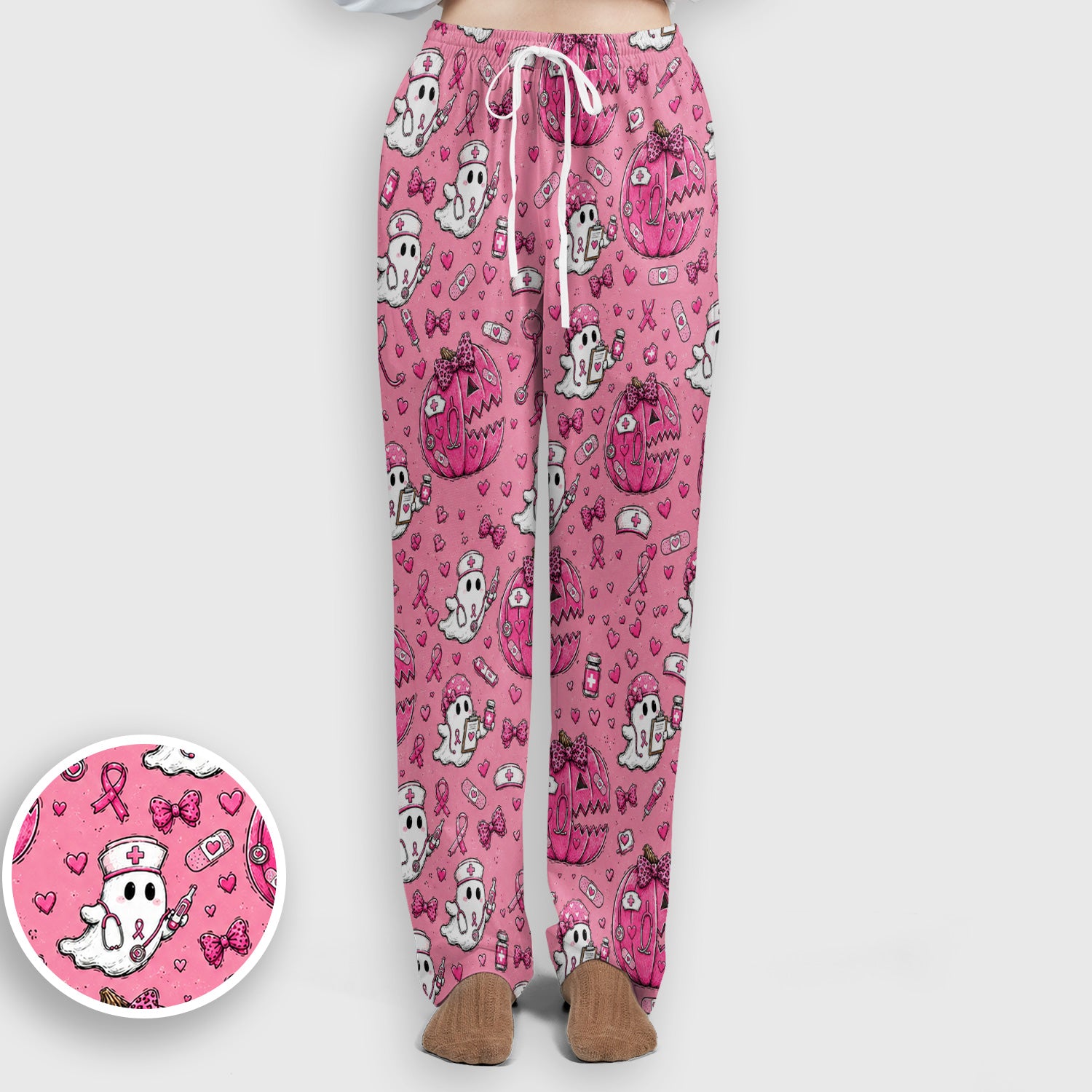 Pink Ribbon Ghost Pattern Scrub Set, Scrub Pants and V Neck Top