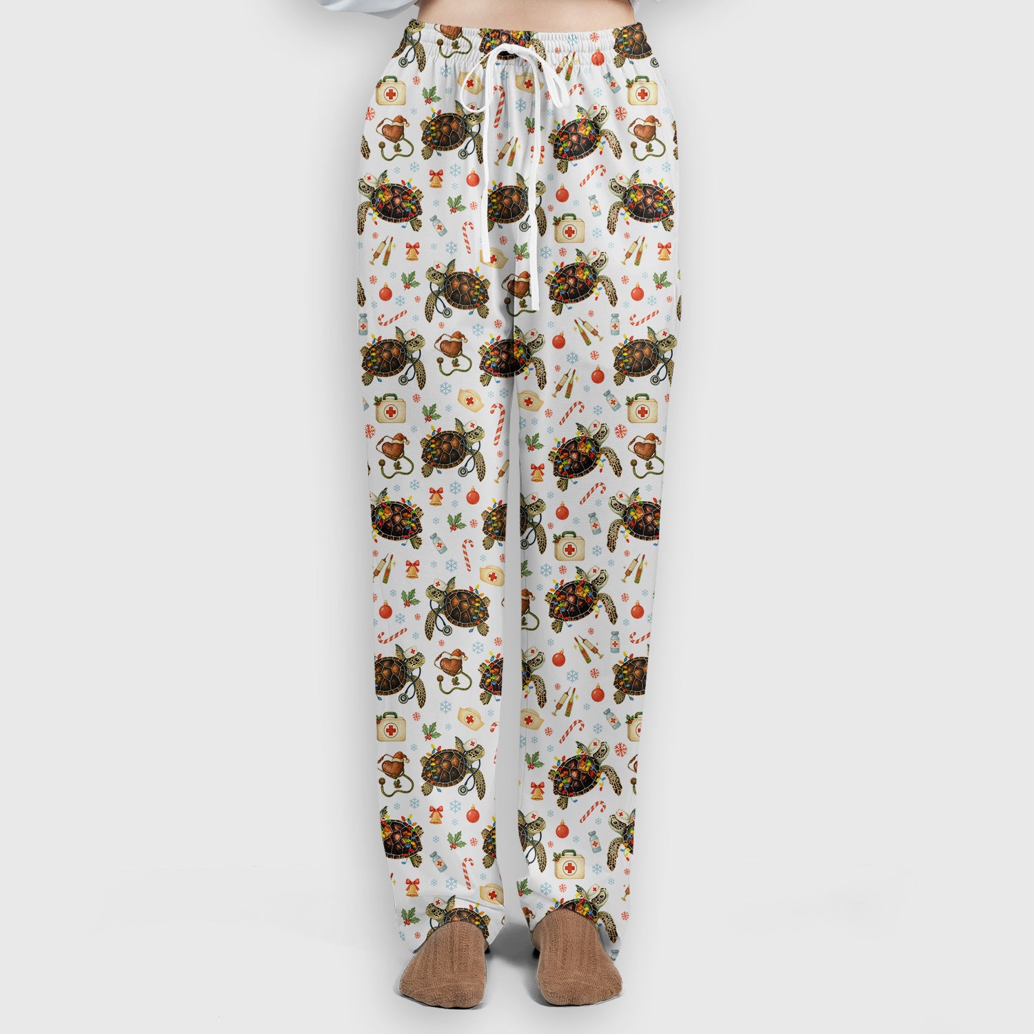 Funny Christmas Scrub Set - Sea Turtle with Xmas Lights Scrubs Pants and V Neck Top - Holiday Nurse Med Uniform for Women