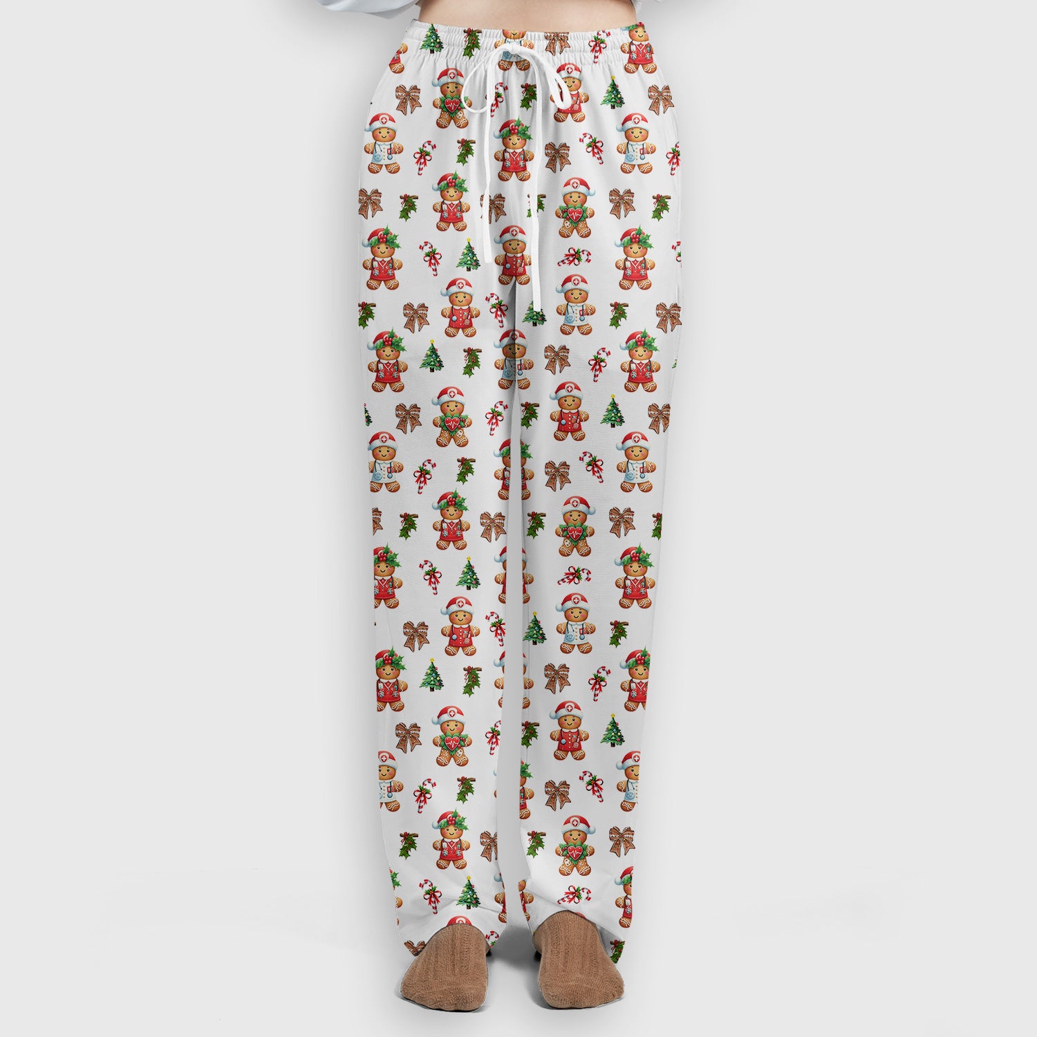 Funny Christmas Scrub Set for Nurse - Adorable Gingerbread Candy Cane Bow- Festive Medical Uniform for Women