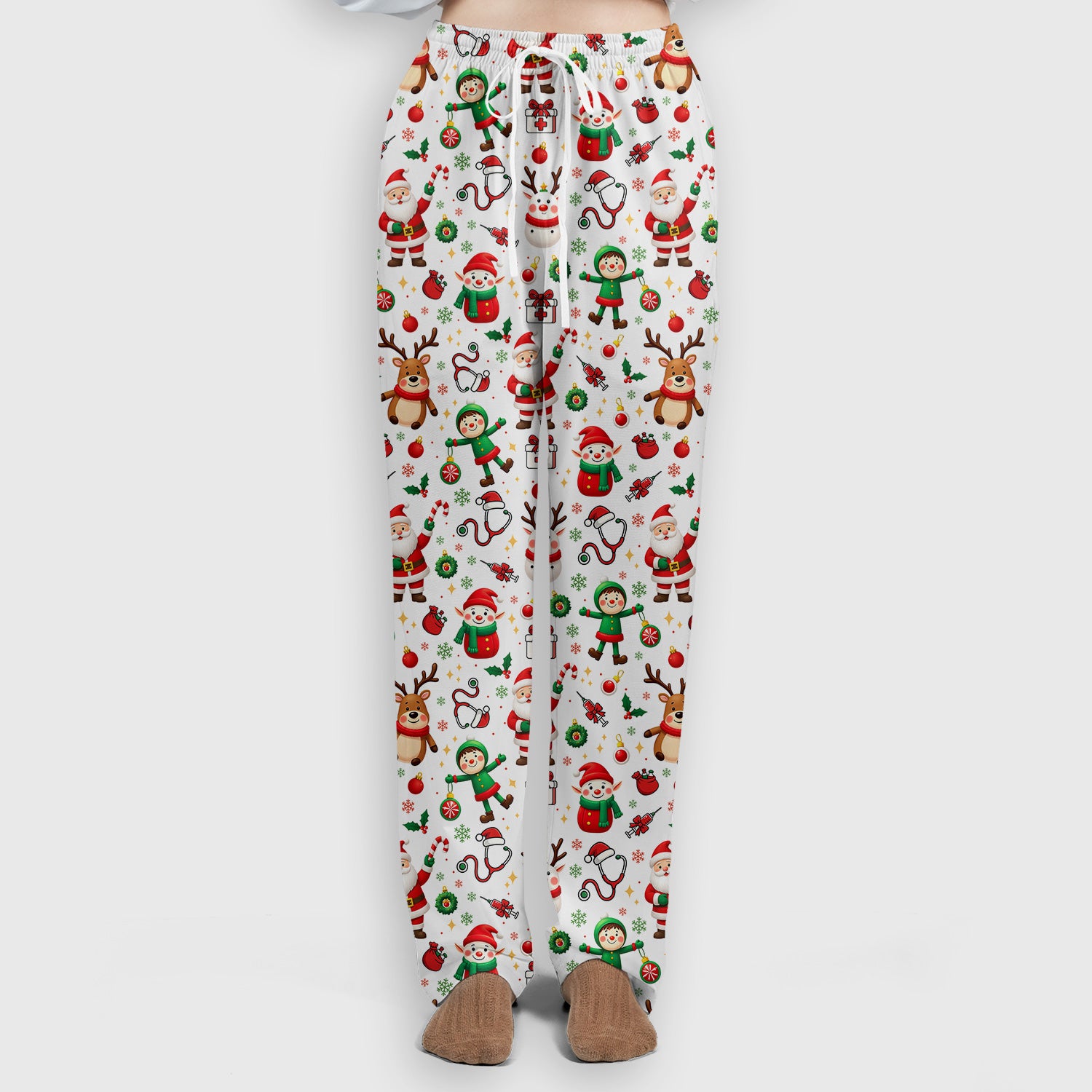 Christmas Comfortable Scrubs for Nurses - Cute Santa Reindeer Scrubs Pants and V Neck Top - Festive Holiday Med Uniform for Women