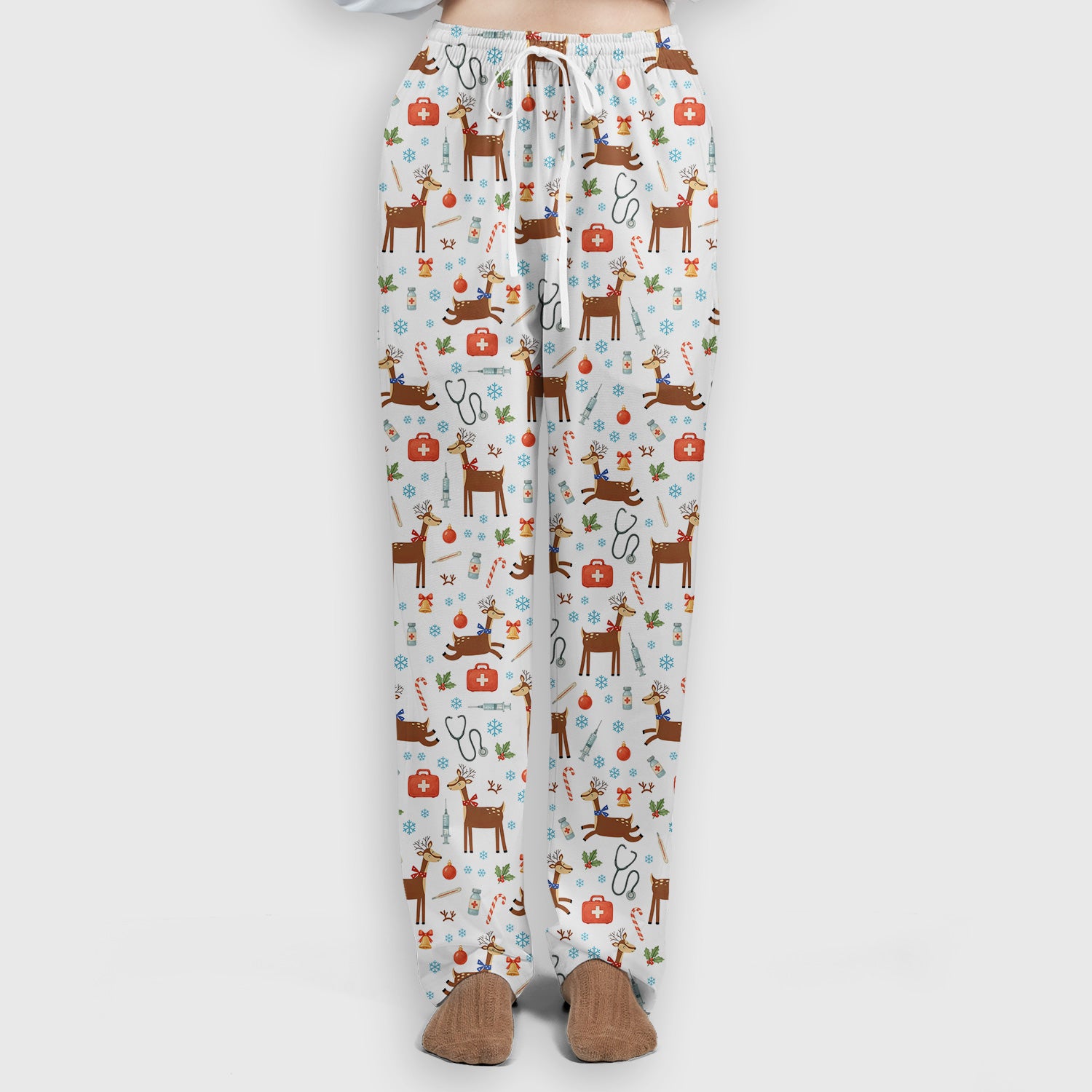 Christmas Reindeer Scrub Set for Nurses - Cute Reindeers Snowflakes Candy Canes - Comfortable Med Uniform
