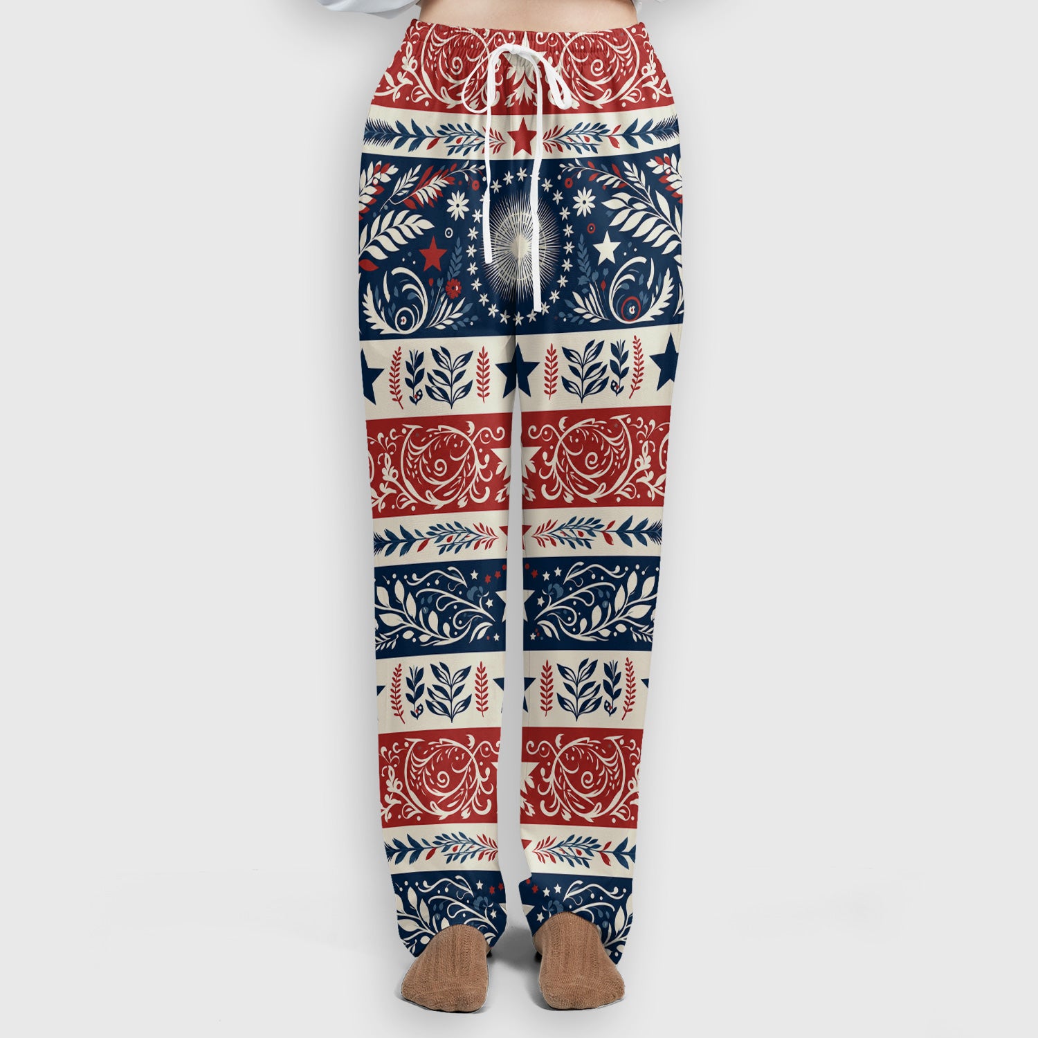 Patriotic Americana Starburst Floral Pattern Scrub Set, Scrub Pants and V Neck Top