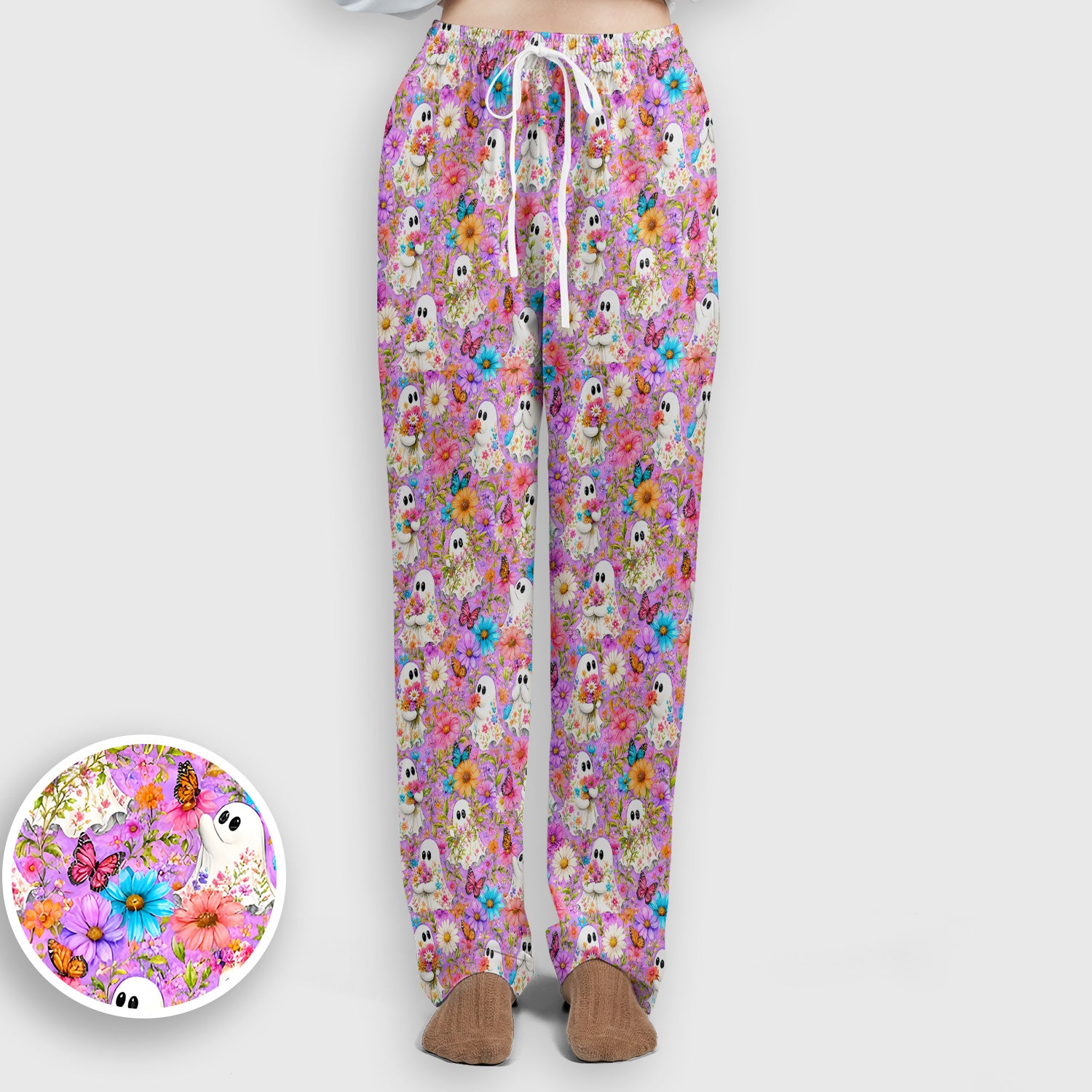 Cute Halloween Floral Ghosts And Butterflies Scrub Set, Scrub Pants and V Neck Top