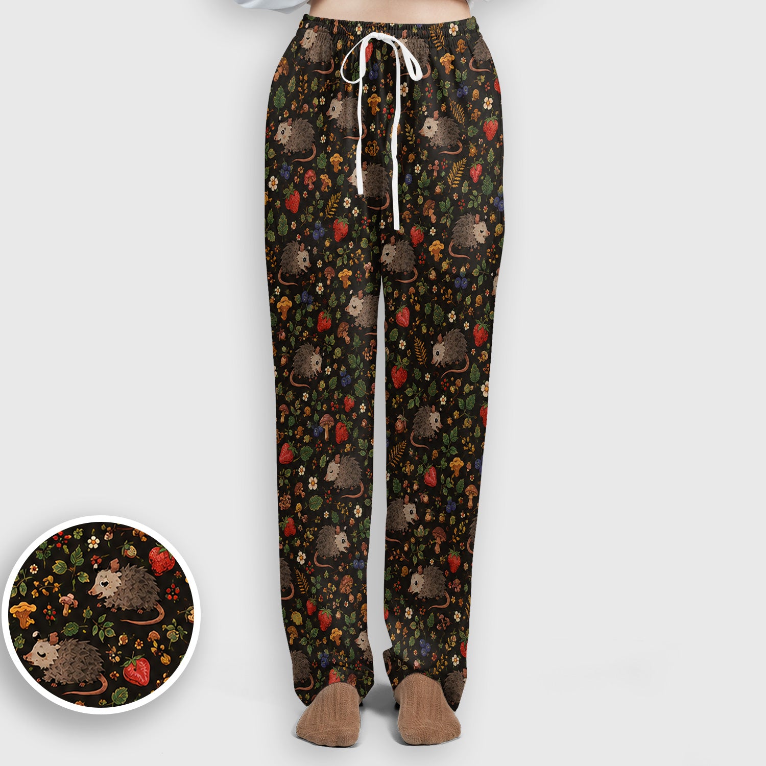 Woodland Opossum Berry Mushroom Pattern Scrub Set, Scrub Pants and V Neck Top