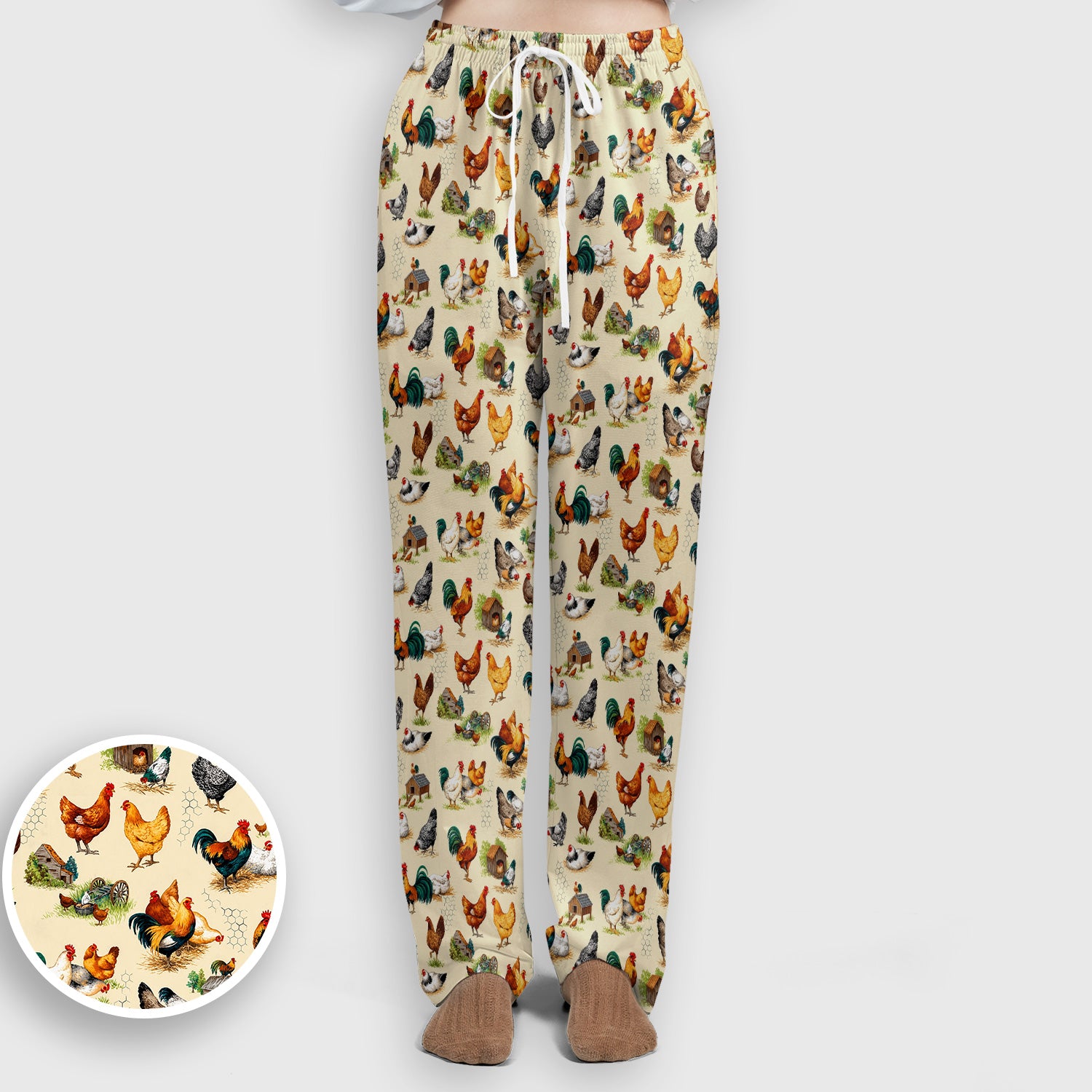 Farm Chicken Rooster Coop Pattern Scrub Set, Scrub Pants and V Neck Top