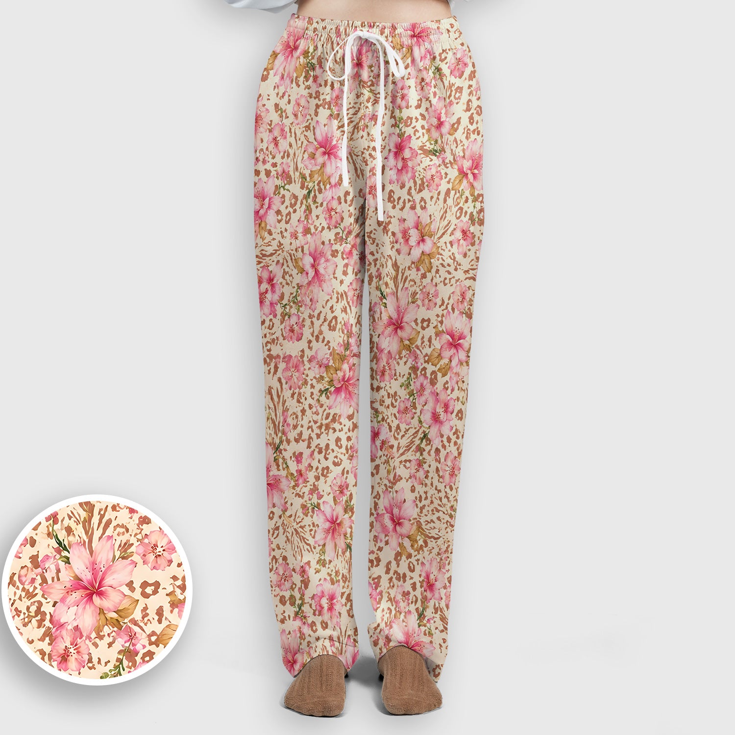 Pink Floral Leopard Print Pattern Scrub Set, Scrub Pants and V Neck Top