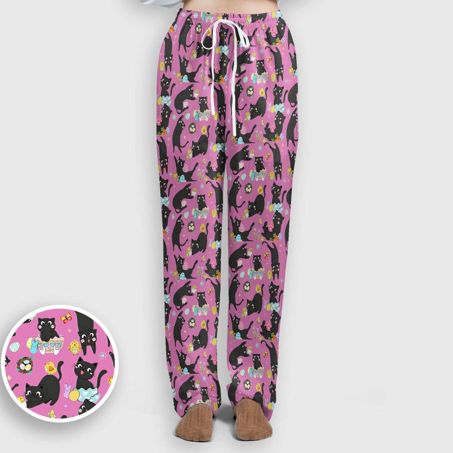Playful Black Cat Easter Egg Pattern Scrub Set, Scrub Pants and V Neck Top