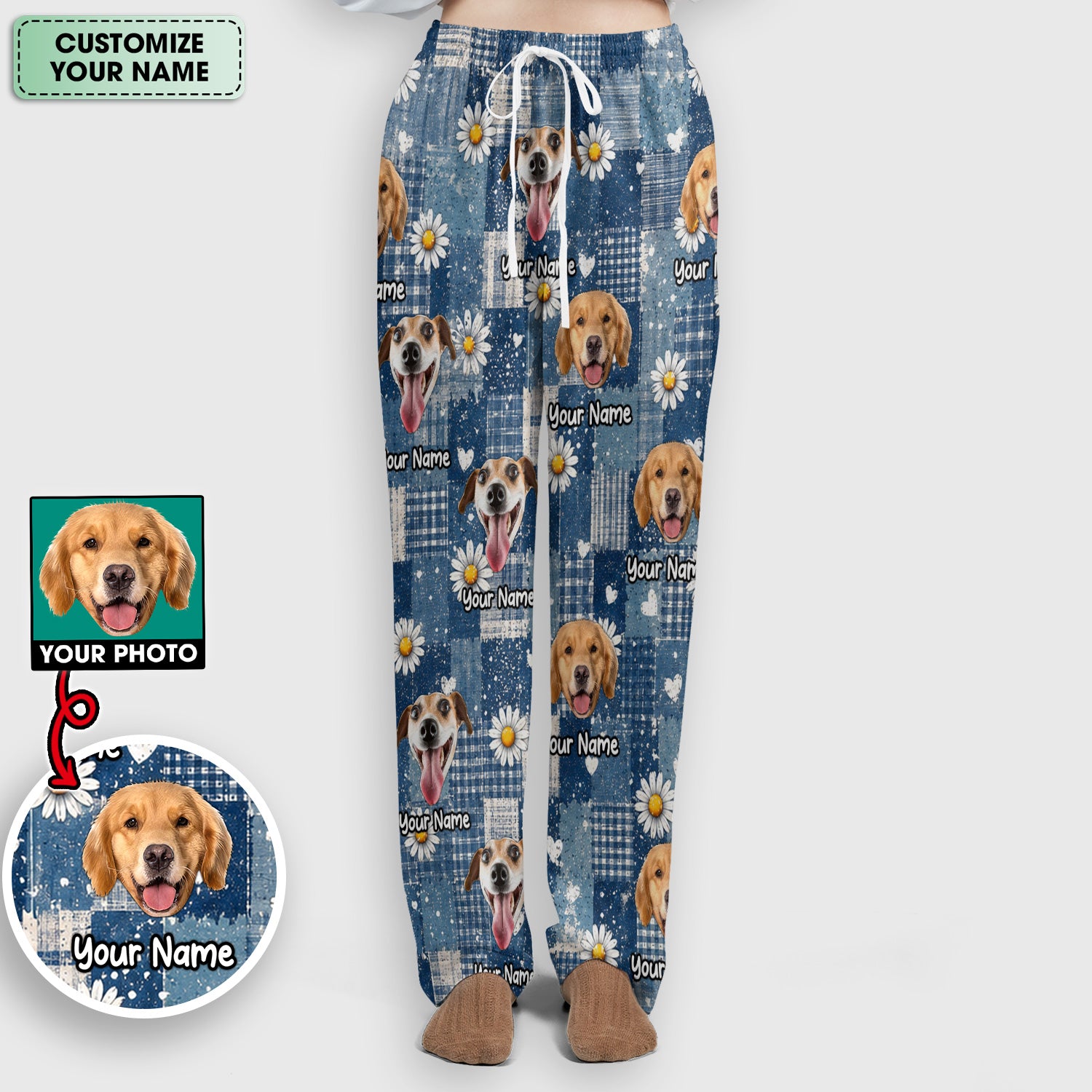 Personalized Cute Dog Portrait On Blue Patchwork Daisy Pattern Scrub Set, Scrub Pants and V Neck Top