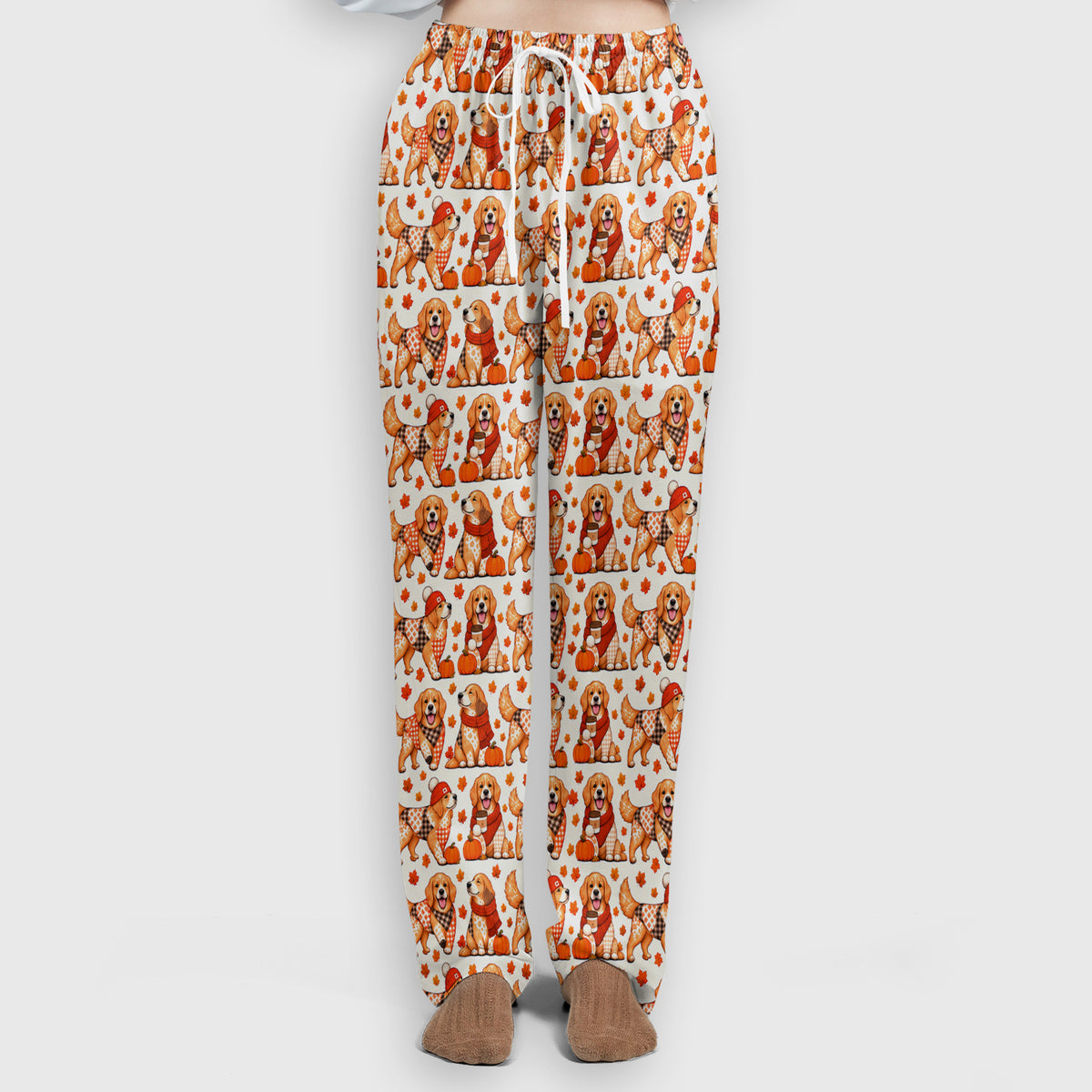 Fall Golden Retriever And Pumpkin Scrub Set, Scrub Pants and V Neck Top