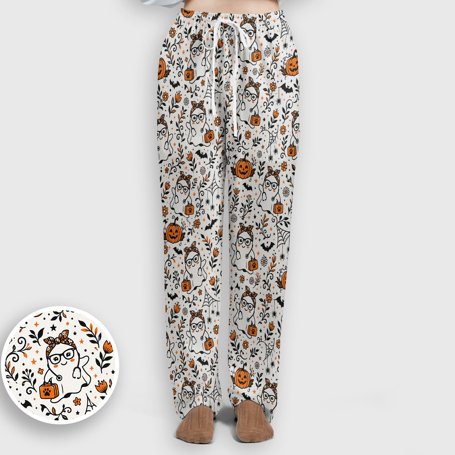 Cute Halloween Nurse Ghost And Pumpkins Scrub Set, Scrub Pants and V Neck Top