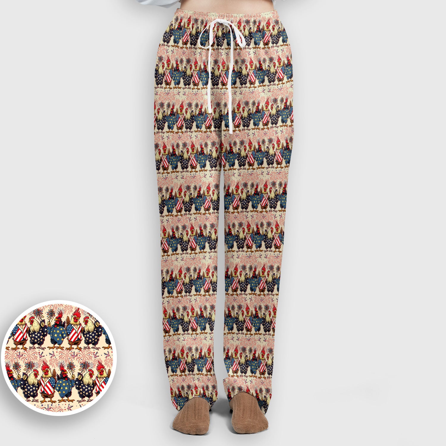 Patriotic Rooster Fireworks Pattern Scrub Set, Scrub Pants and V Neck Top