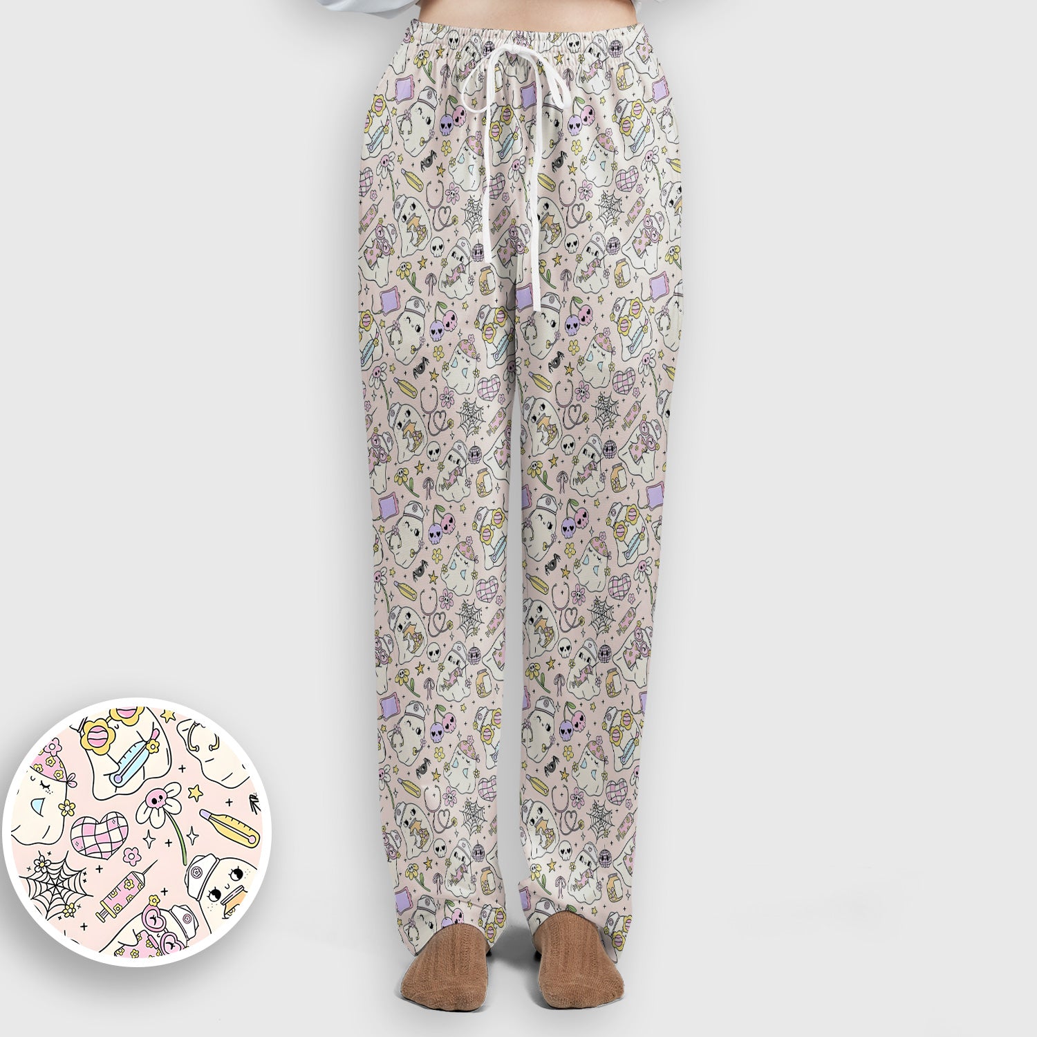 Cute Halloween Nurse Ghosts Pattern Scrub Set, Scrub Pants and V Neck Top