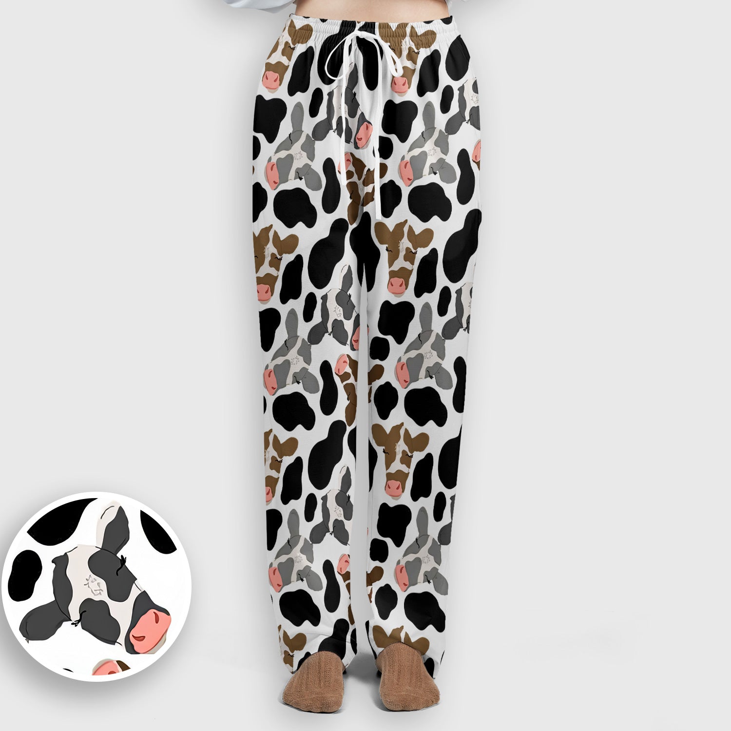 Cute Cow Face Black White Pattern Nurse Scrub Set, Scrub Pants and V Neck Top