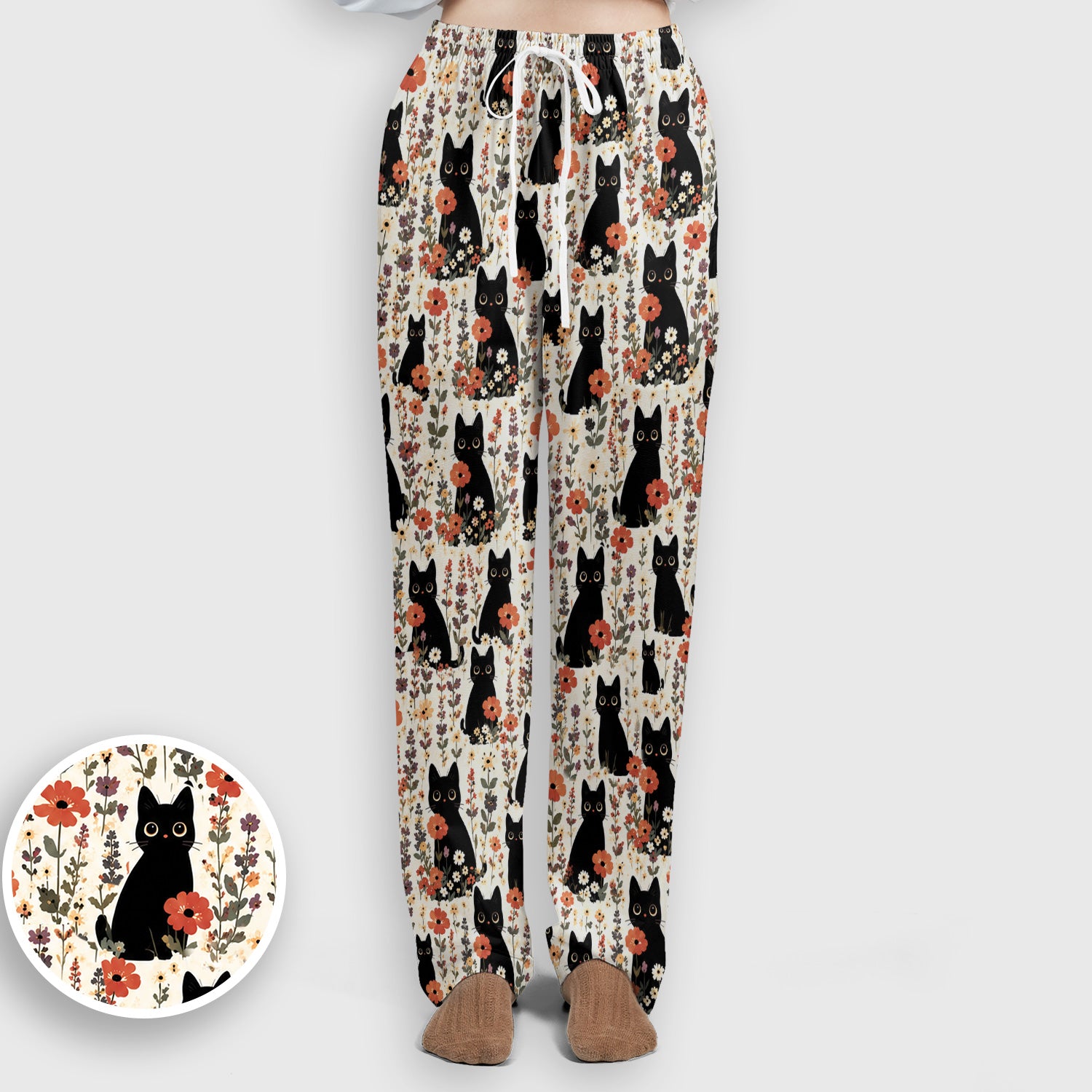Cute Black Cat Wildflower Pattern Scrub Set, Scrub Pants and V Neck Top