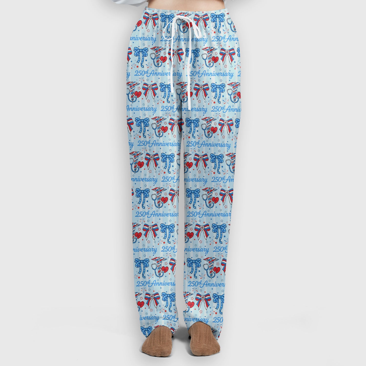 Festive 250th Anniversary Nurse Ribbon Heart Pattern Scrub Set, Scrub Pants and V Neck Top