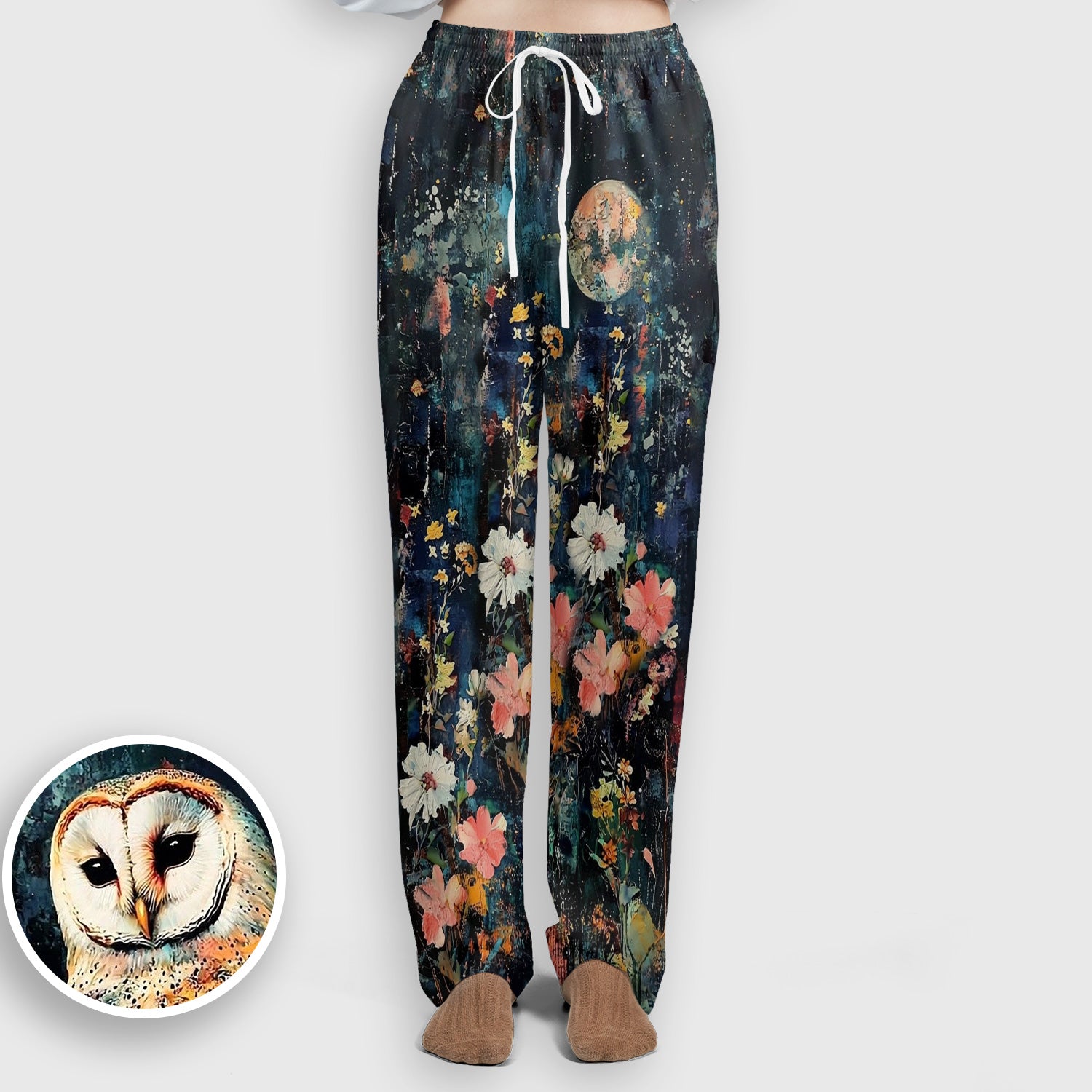 Moonlit Barn Owl Floral Pattern Scrub Set, Scrub Pants and V Neck Top