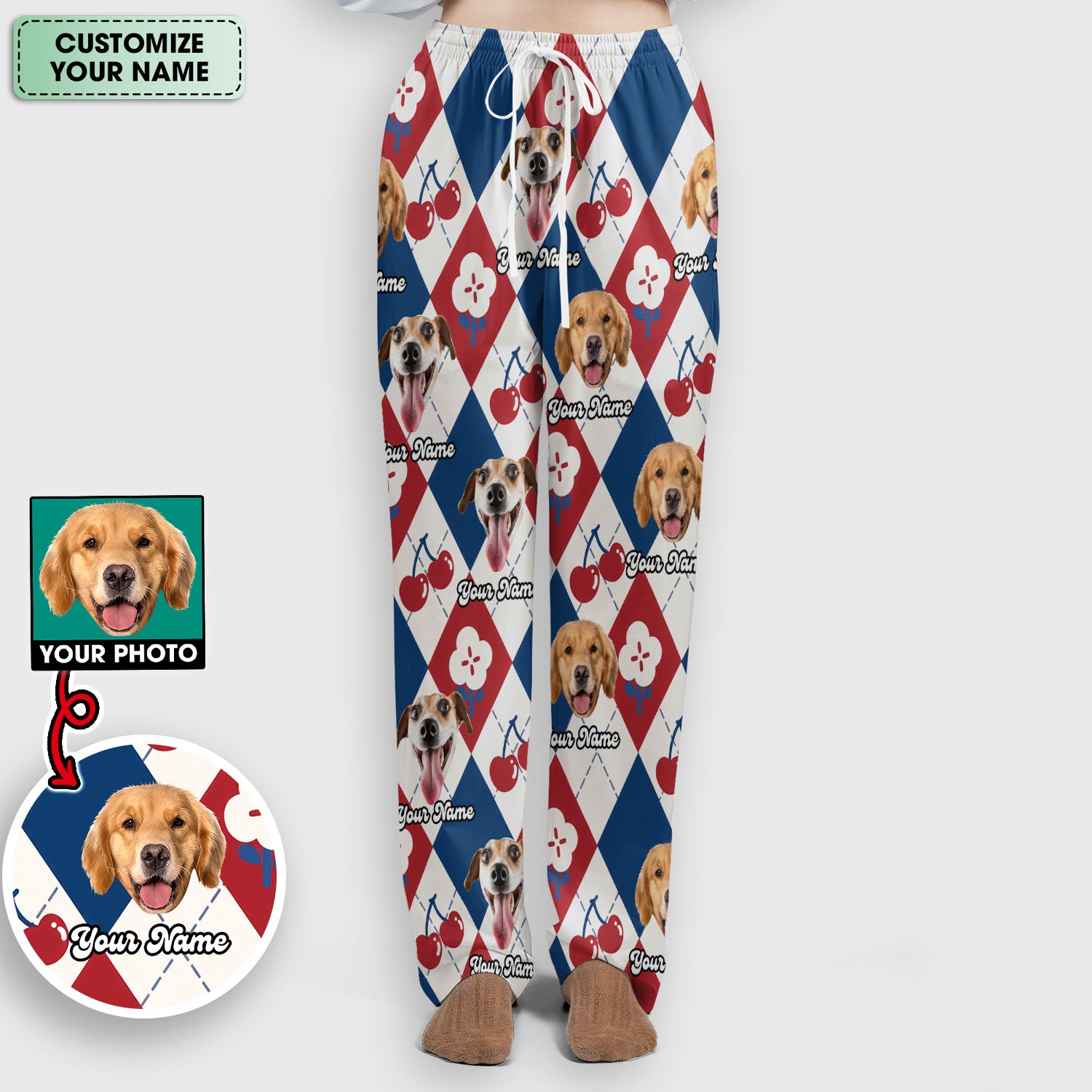 Custom Dog Face Scrub Set, Playful Dog Cherry Argyle Pattern Shirt, Breathable Fabrics Nursing Uniform