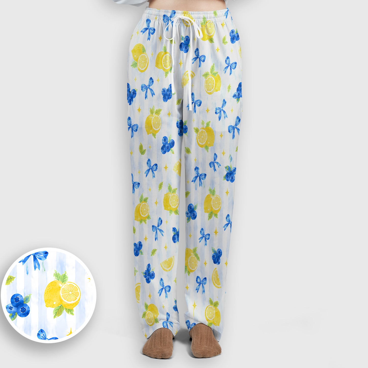 Lemon Blueberry Bow Nurse Print Scrub Set, Scrub Pants and V Neck Top