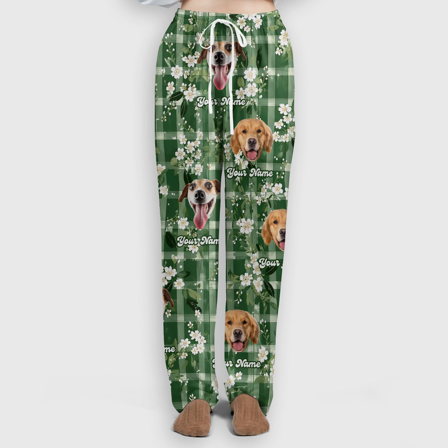 Custom Dog Face Scrub Set, Dog Green Plaid Floral Pattern Shirt, Scrub Pants and V Neck Top