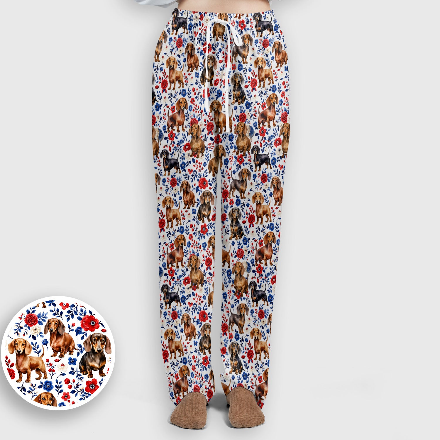 Floral Dachshund Nurse Pattern Scrub Set, Scrub Pants and V Neck Top