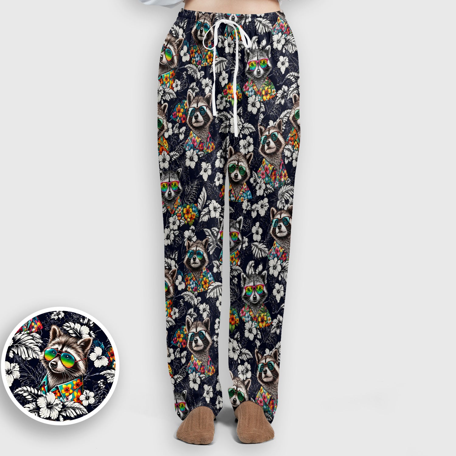 Tropical Raccoon Floral Pattern Scrub Set, Scrub Pants and V Neck Top