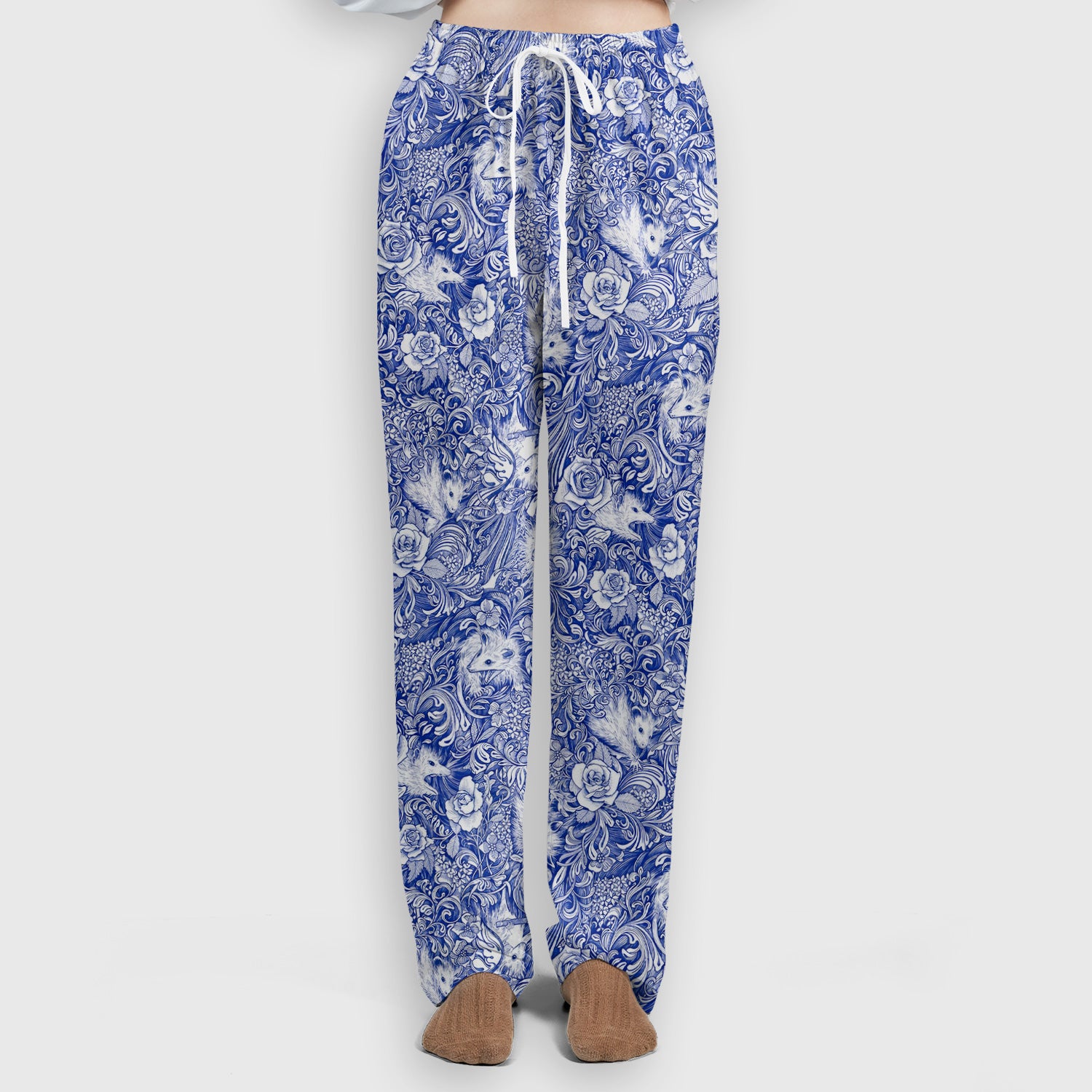 Blue Toile Opossum Floral Pattern Scrub Set, Scrub Pants and V Neck Top