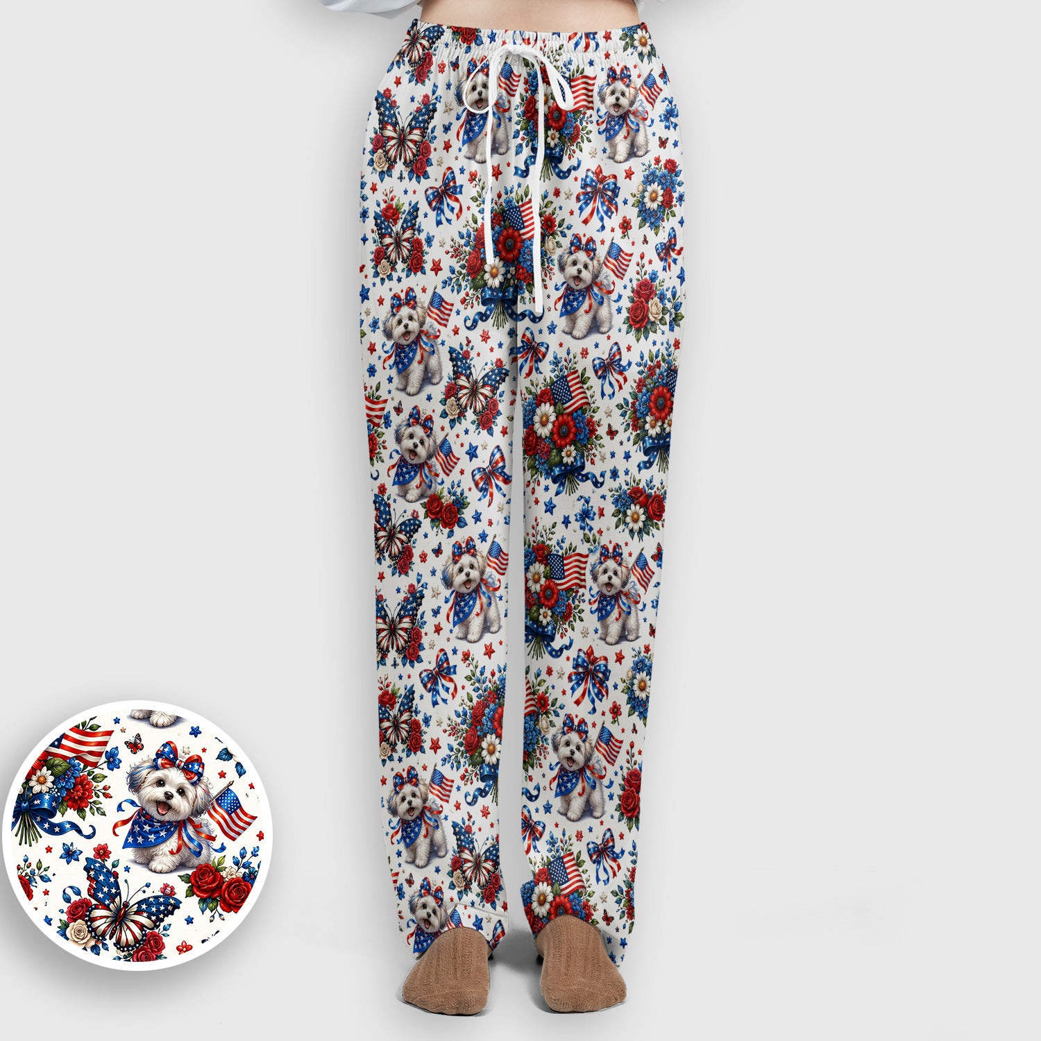 Patriotic Puppy Floral Bouquet Pattern Scrub Set, Scrub Pants and V Neck Top