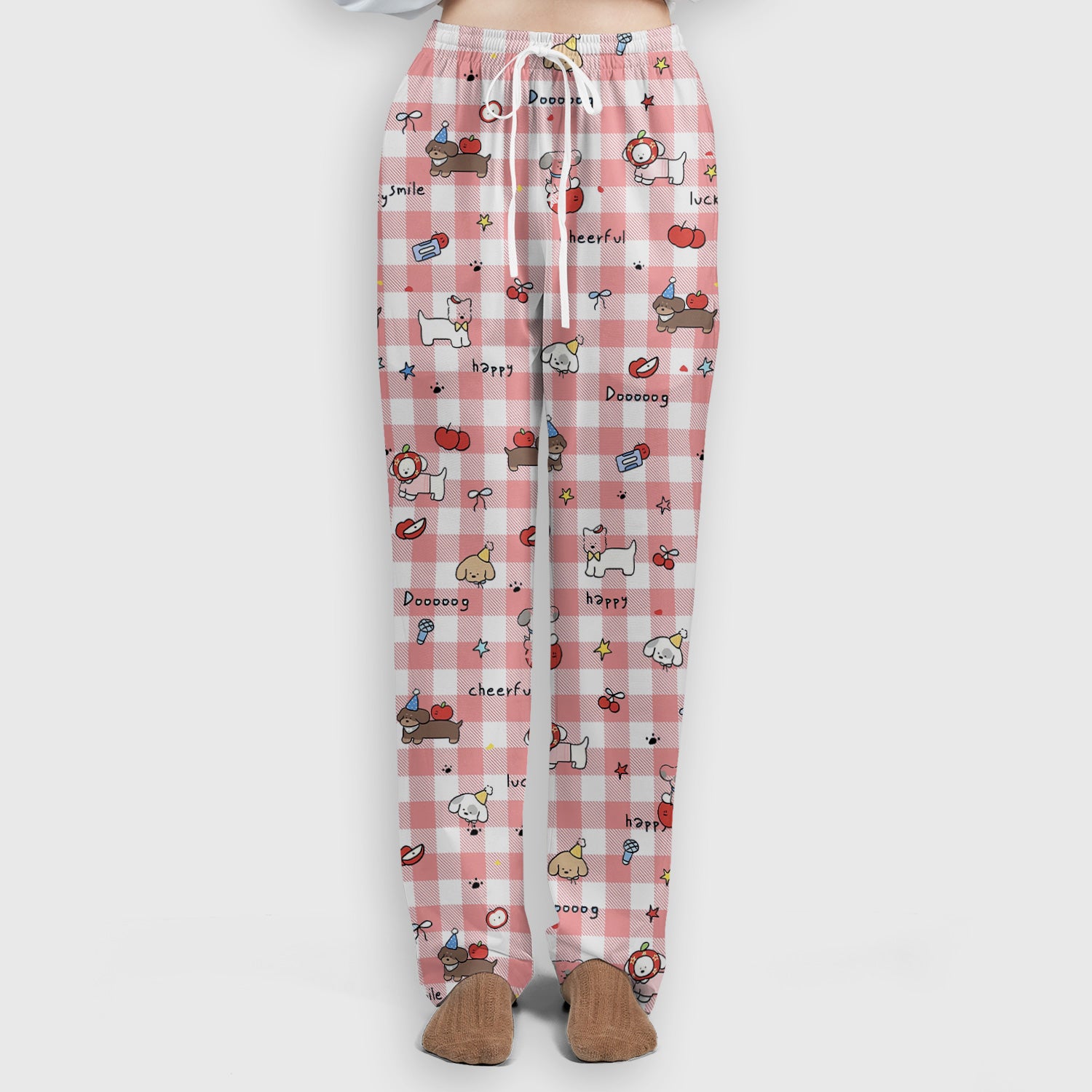 Cute Nurse Cartoon Puppy Apple Gingham Scrub Top, Breathable Fabrics Nursing Uniform