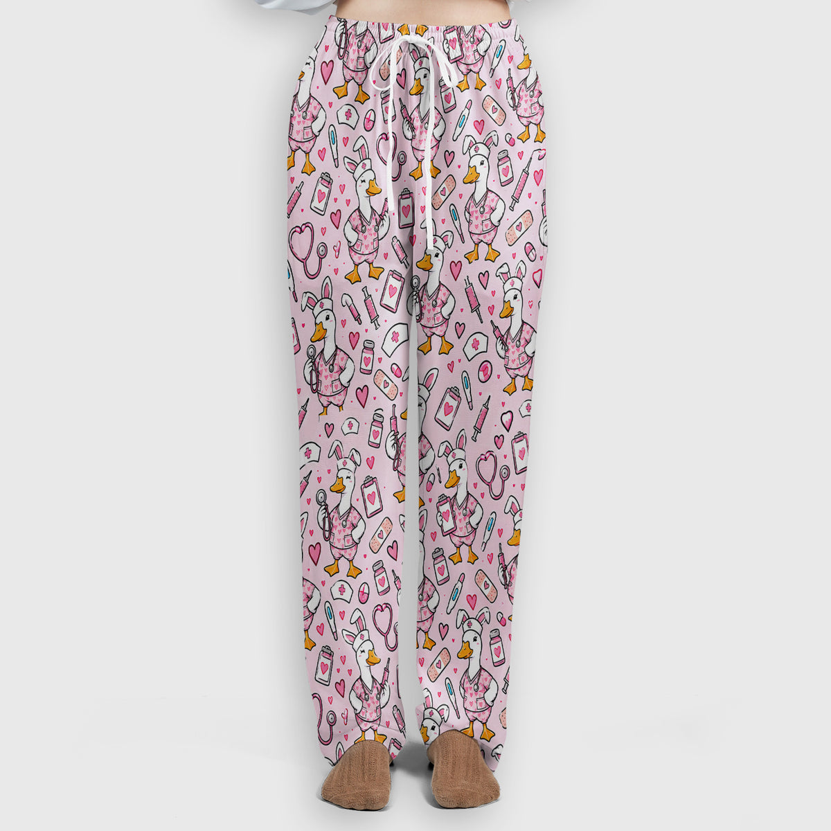 Cute Easter Goose With Bunny Ears Scrub Set, Scrub Pants and V Neck Top