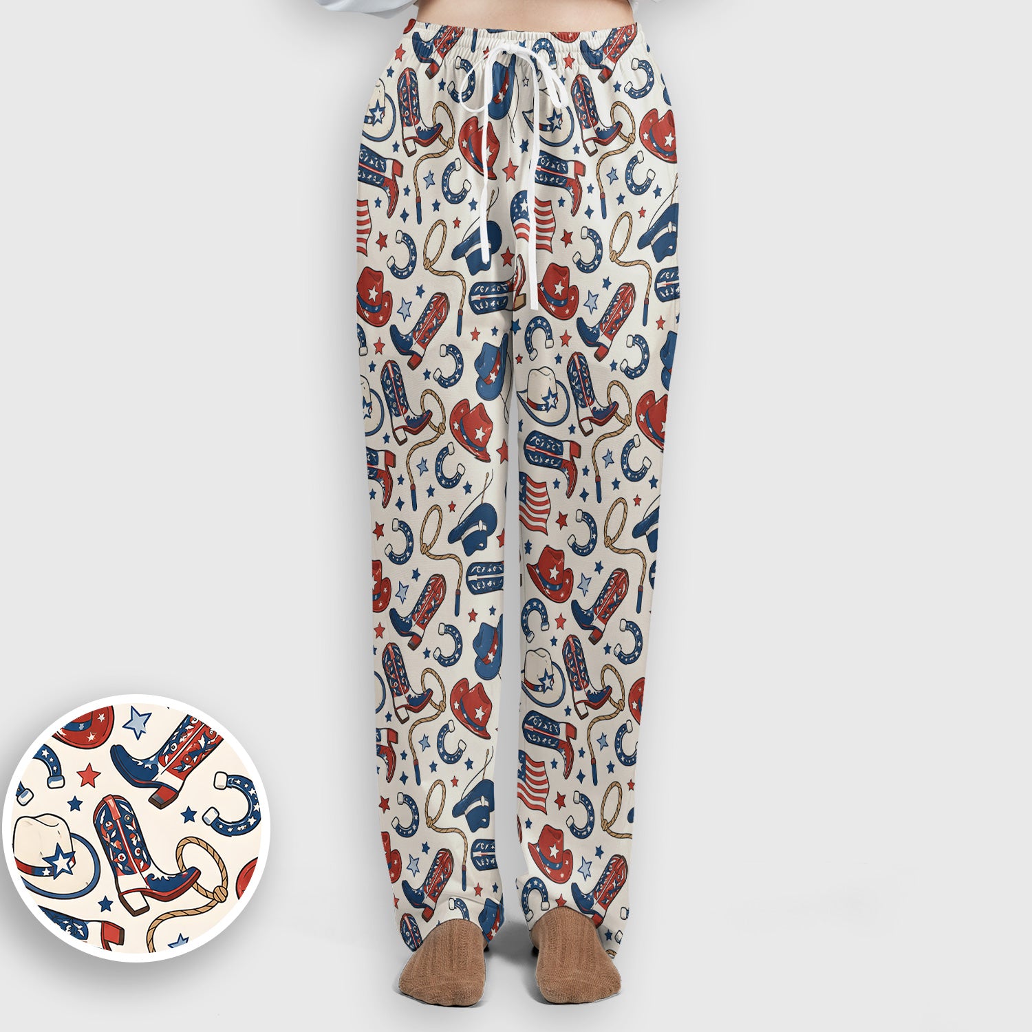 Patriotic Cowboy Boots Horseshoe Pattern Scrub Set, Scrub Pants and V Neck Top