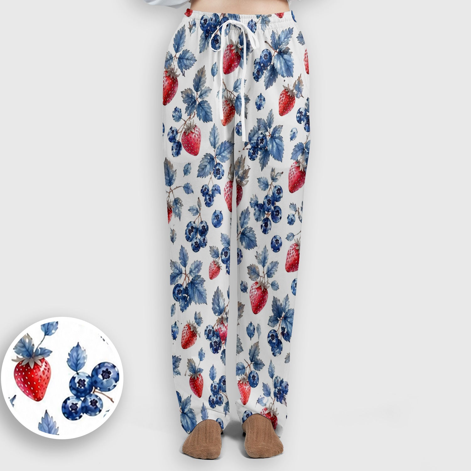 Cute Strawberry & Blueberry Leaf Pattern Scrub Set, Scrub Pants and V Neck Top