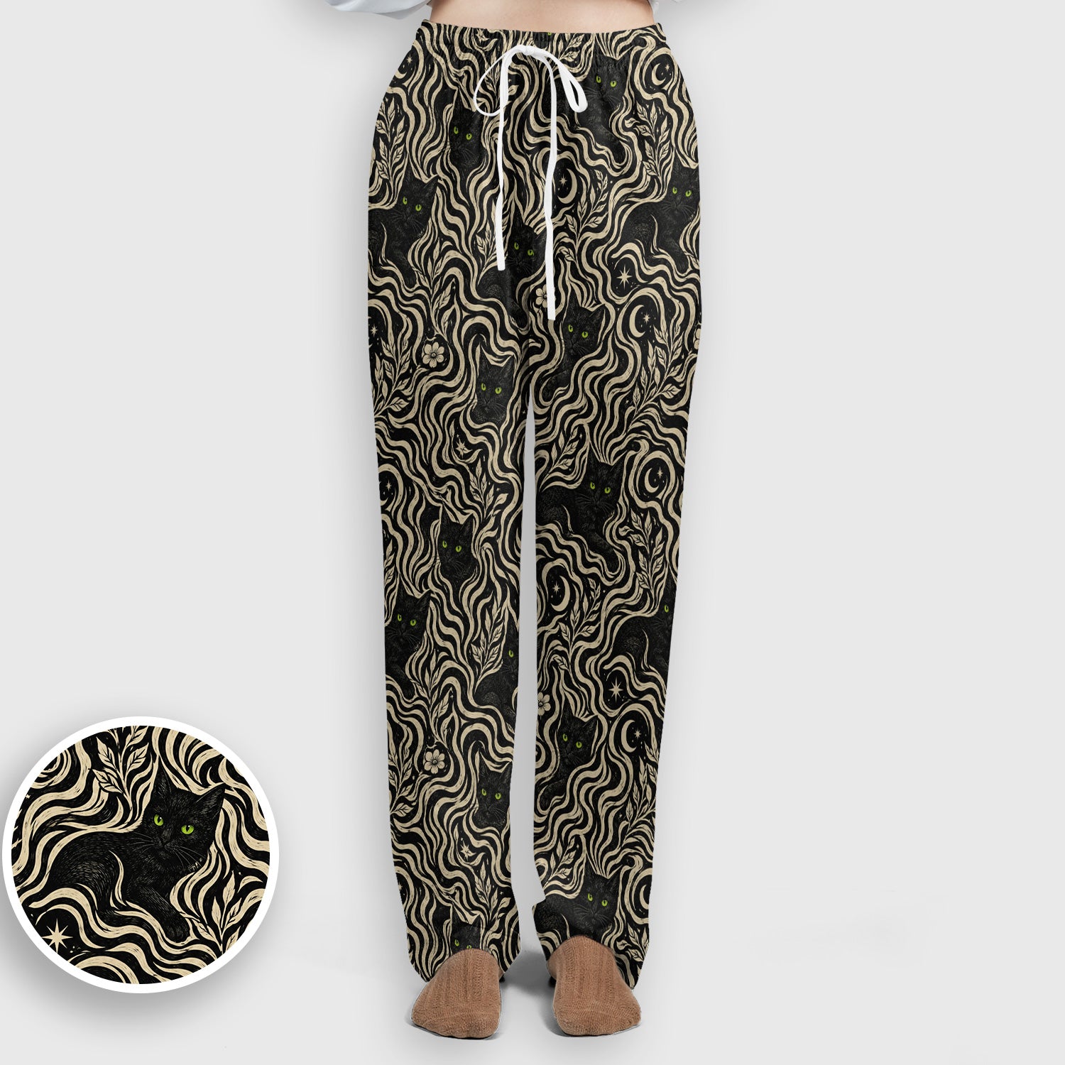 Mystical Black Cat Moonlit Pattern Scrub Set, Scrub Pants and V Neck Top