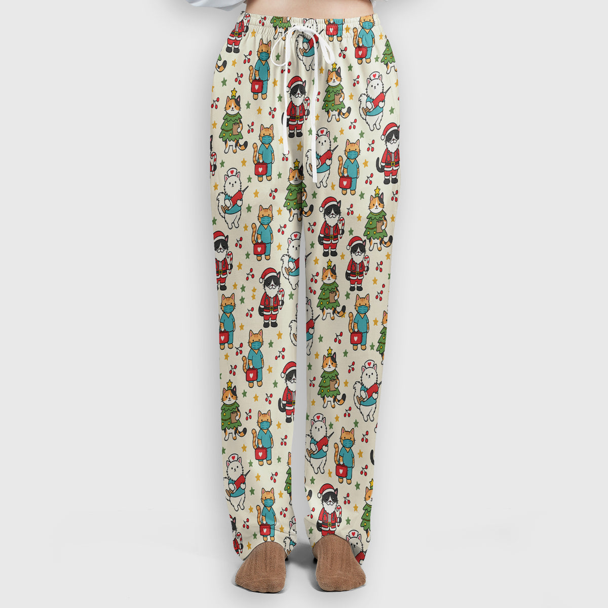 Christmas Cats In Nurse And Santa Outfits Scrub Set, Scrub Pants and V Neck Top