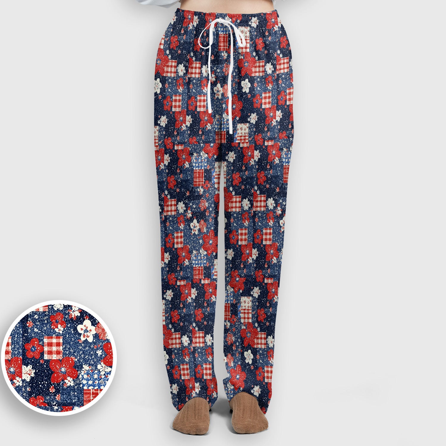 Patriotic Gingham Floral Patchwork Pattern Scrub Set, Scrub Pants and V Neck Top