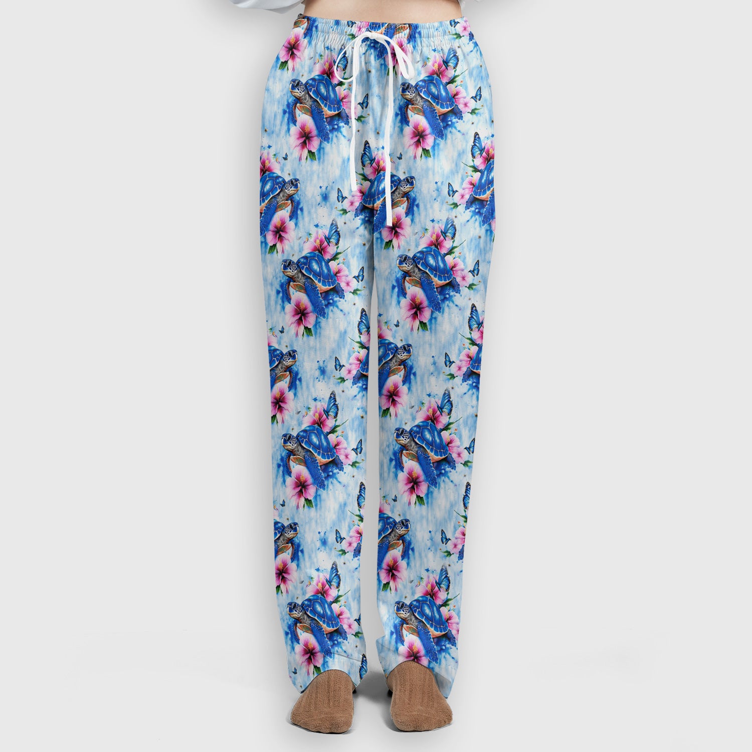 Blue Sea Turtle Hibiscus Butterfly Print Scrub Set, Scrub Pants and V Neck Top